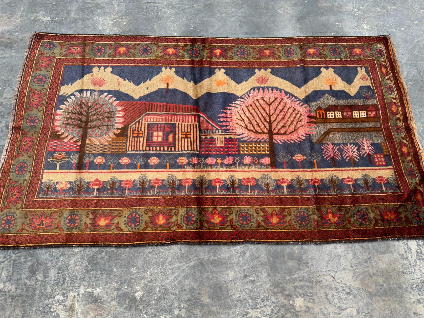 4x7 Vintage Afghan Baluch Rug Hand Knotted Tribal Wool Rug Navy Blue Wall Hanging Rug, Pictorial Rug, Geometric pattern Turkmen handmade Rug
