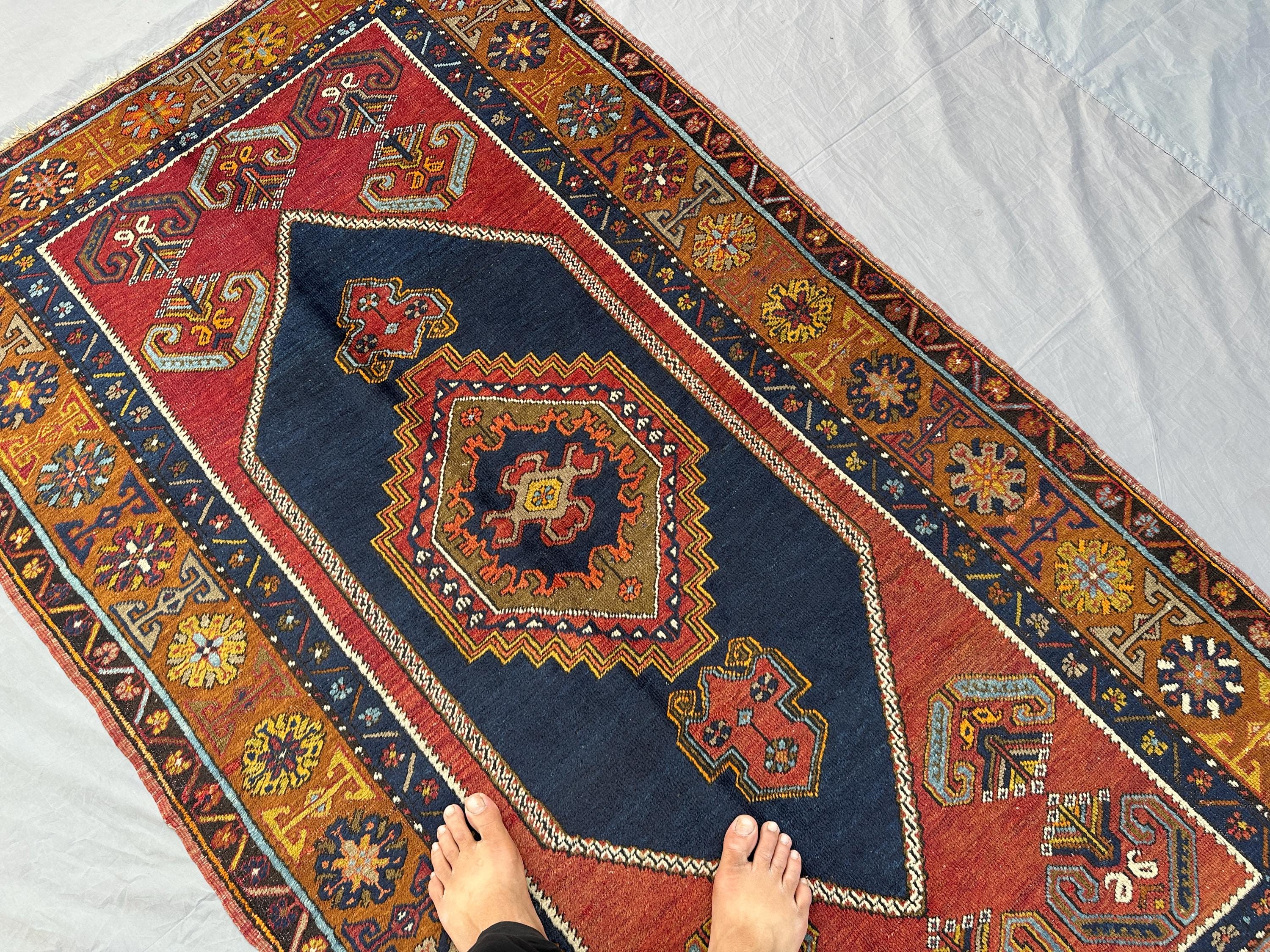 4x7 Antique Turkish Tribal Rug | Hand Knotted Wool Carpet, Geometric Vintage Area Rug | Red Blue Kitchen Rug | Boho Floor Decor, Bedroom Rug