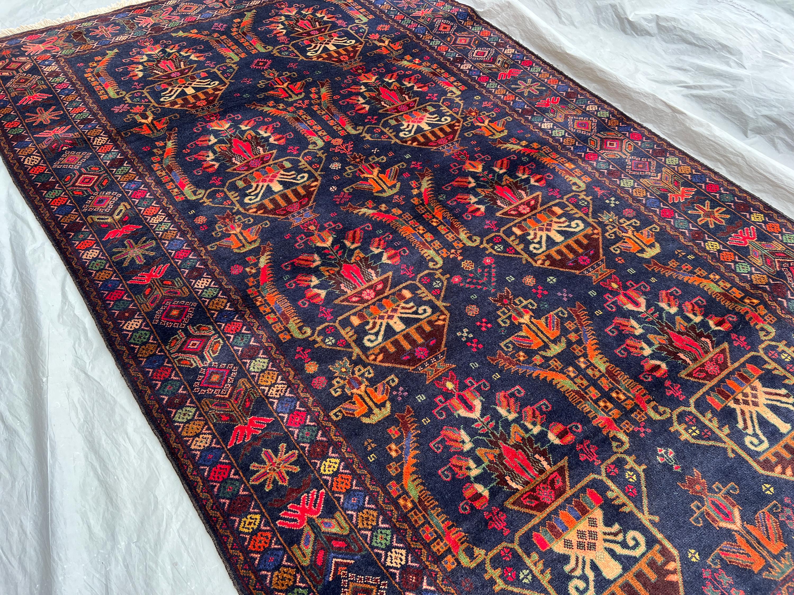 5x8'5 ft Vintage Afghan Hand-Knotted Floral Pot Design Rug | Wool Tribal Carpet | Boho Oriental Red Navy Decor | Soft Pile Rug | Kitchen Rug