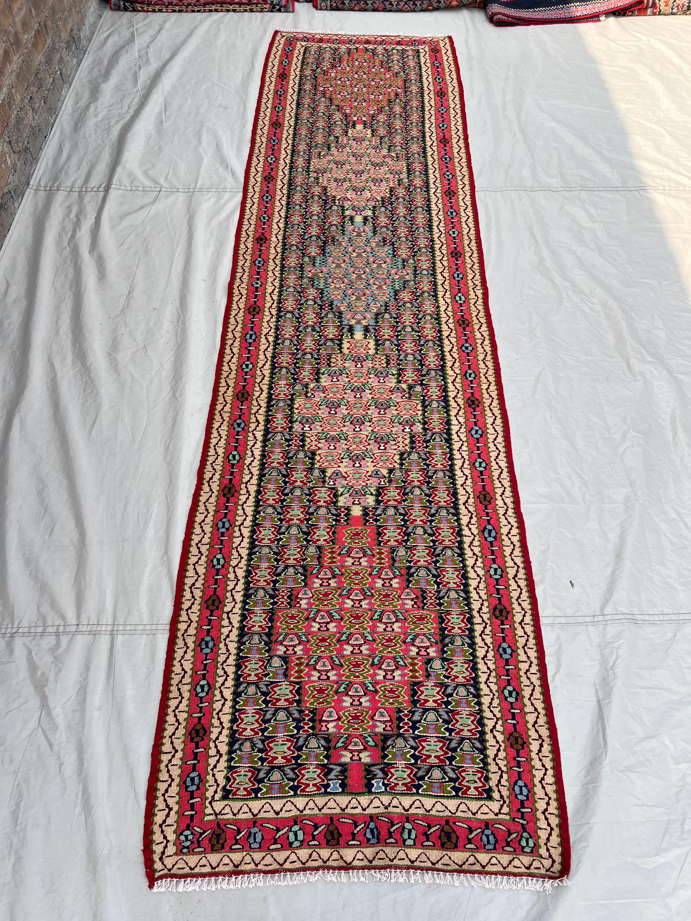 2'6x9'7 ft Vintage Afghan Handwoven Kilim Flatweave | Traditional Red & Multi-Colored Tribal Geomatric Design