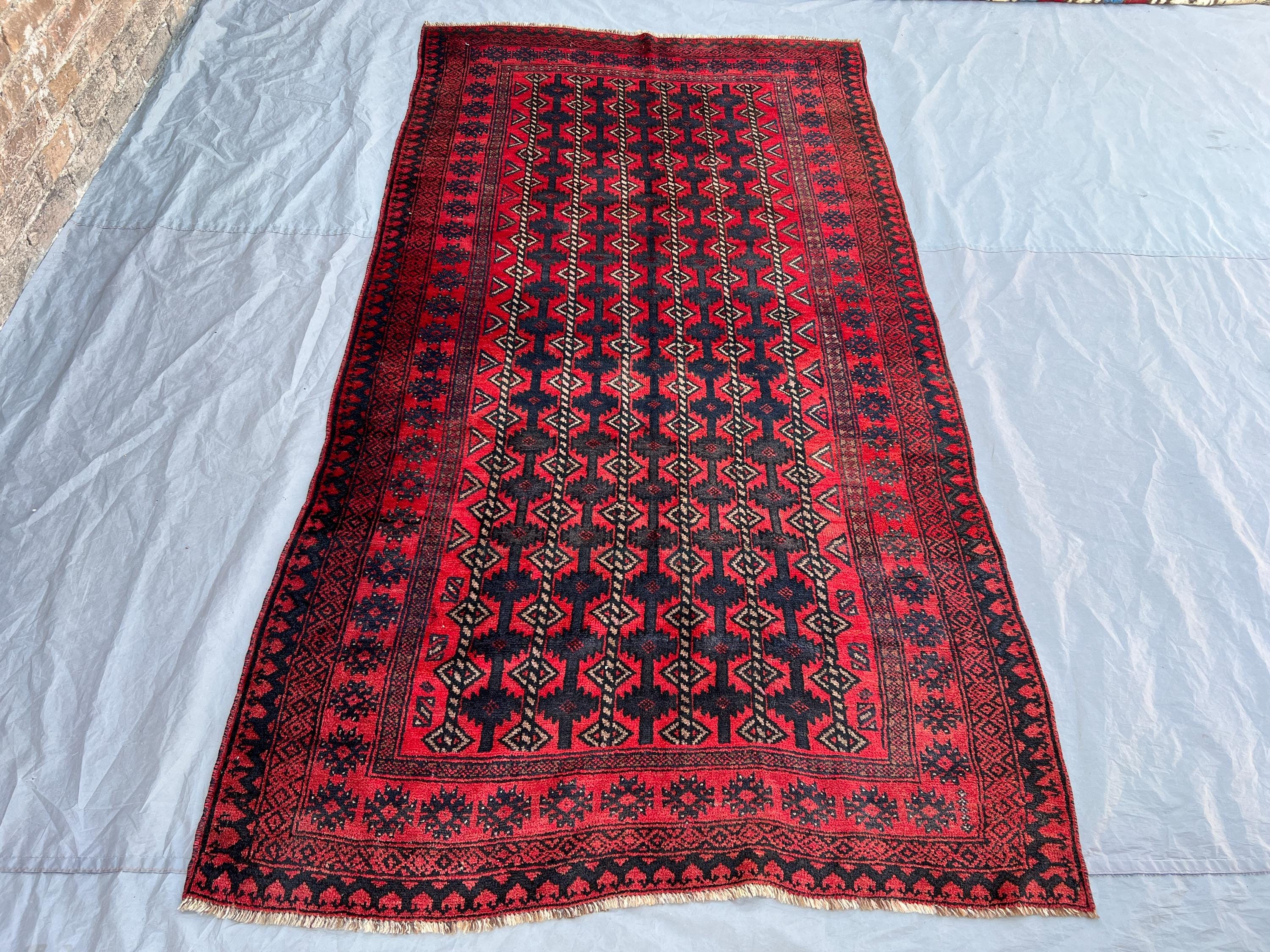 4'5x8'2 ft Vintage Afghan Baluchi Style Rug | All Over Geometric Chain Column Hand Knotted | Deep Red Dark Navy | Boho Living Room Rug