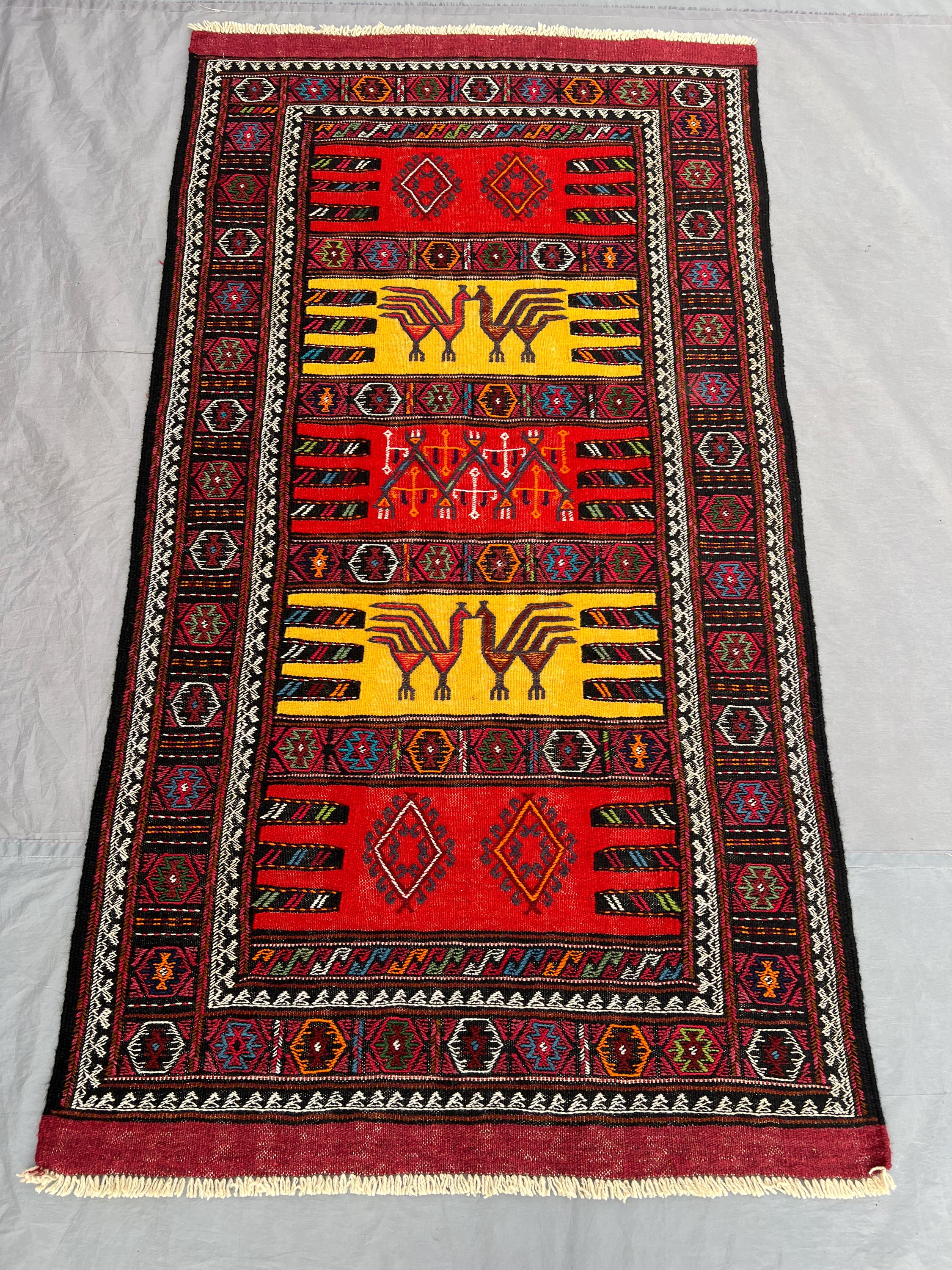 3'2x5'9 Ft Vintage Afghan Baluchi Kilim Flatweave | Red Gold Banded Rooster Bird Motif | Handwoven Wool Rug fo