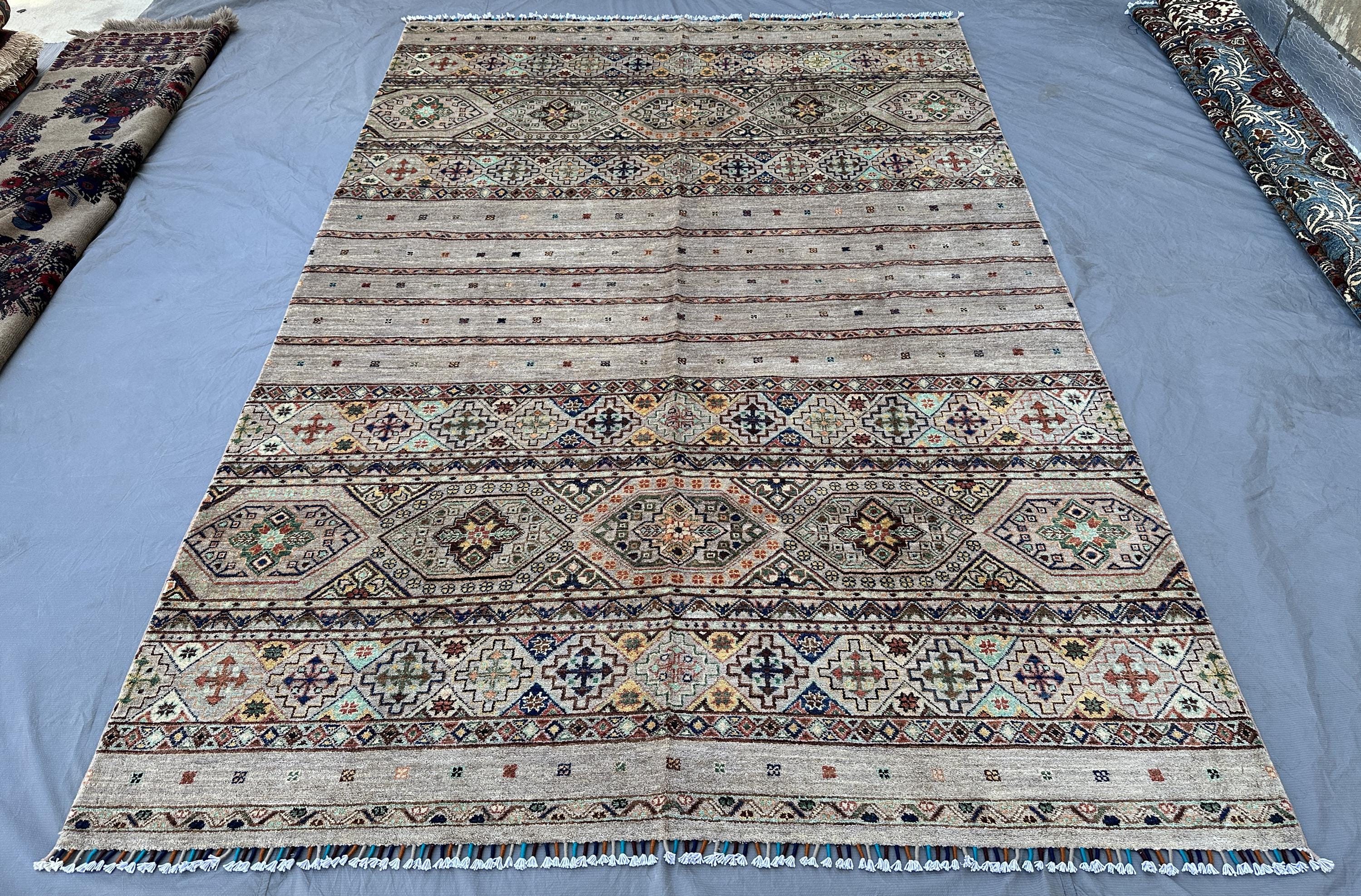 7x10 Natural Wool Striped Rug, Hand Knotted Afghan Geometric Carpet, Multicolor Banded Area Rug Living Room Ru