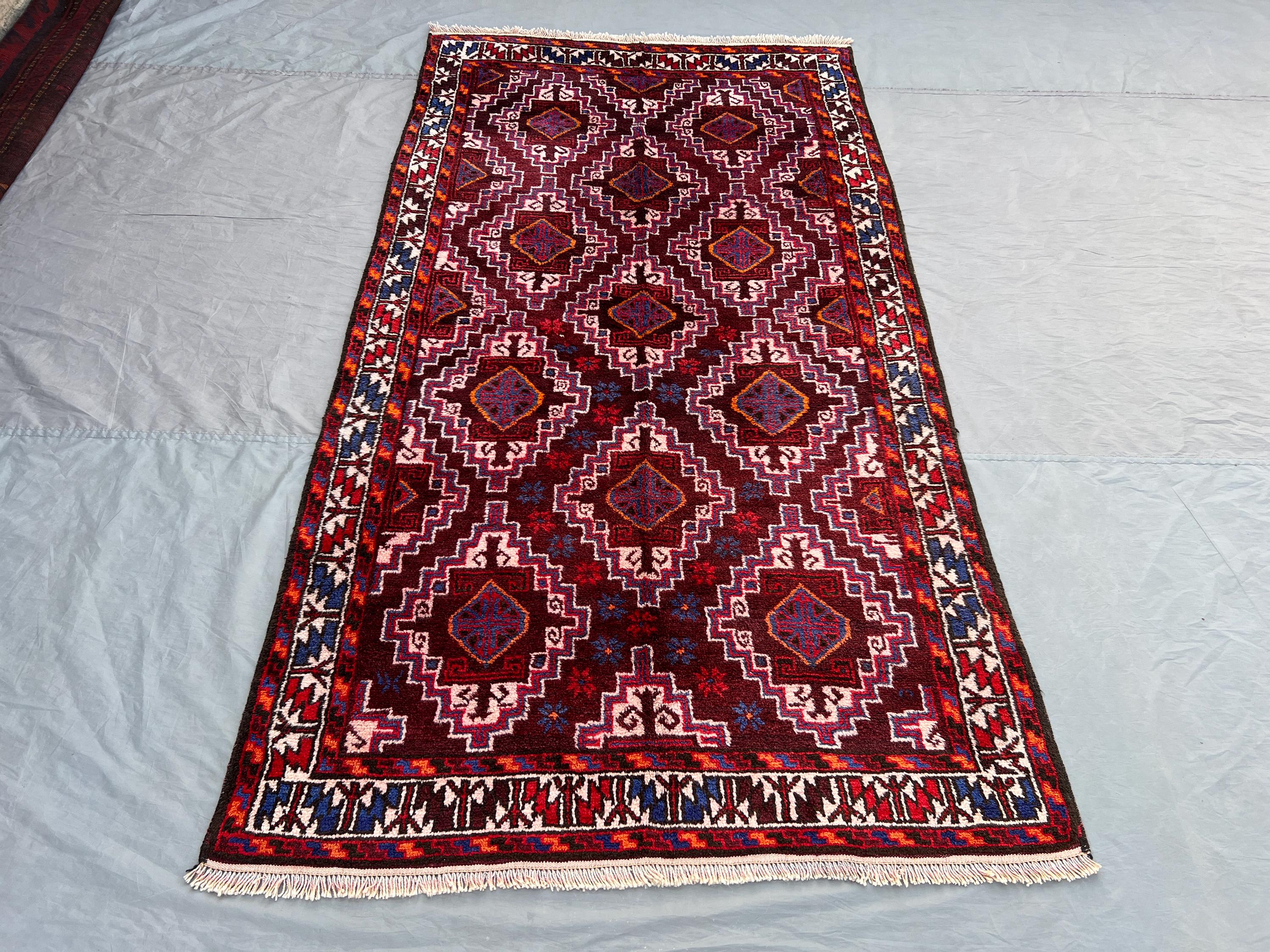 Antique Afghan Baluch Rug 4'6 x 8'3 ft | Tribal Geometric Wool Carpet | Burgundy Pink Boho Hallway Rug | Hand Knotted Vintage Floor Rug