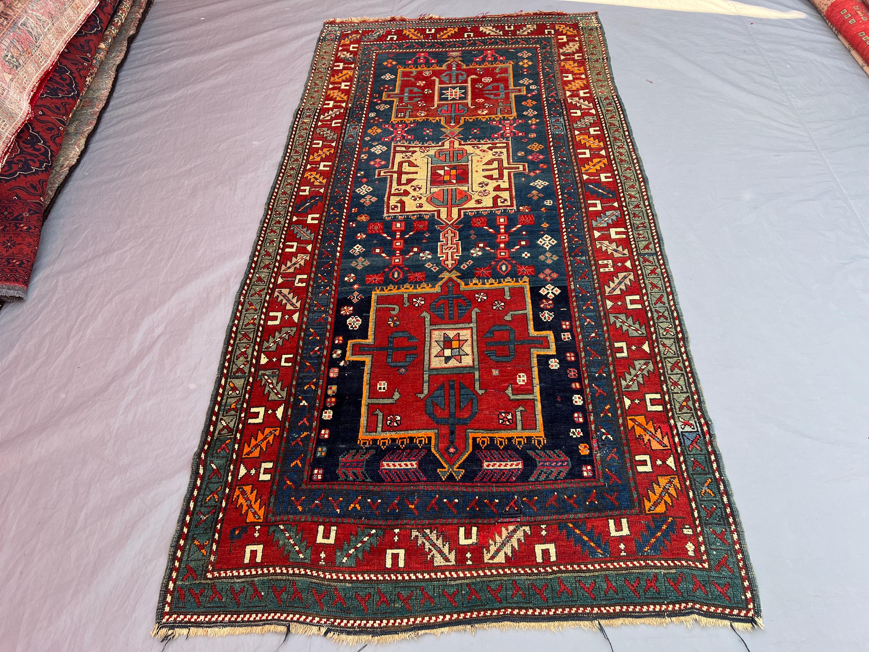 4'1x8'2 ft Antique Afghan Handwoven Kilim Flatweave Rug, Tribal Geometric Design, Red & Blue, Living Room, Be
