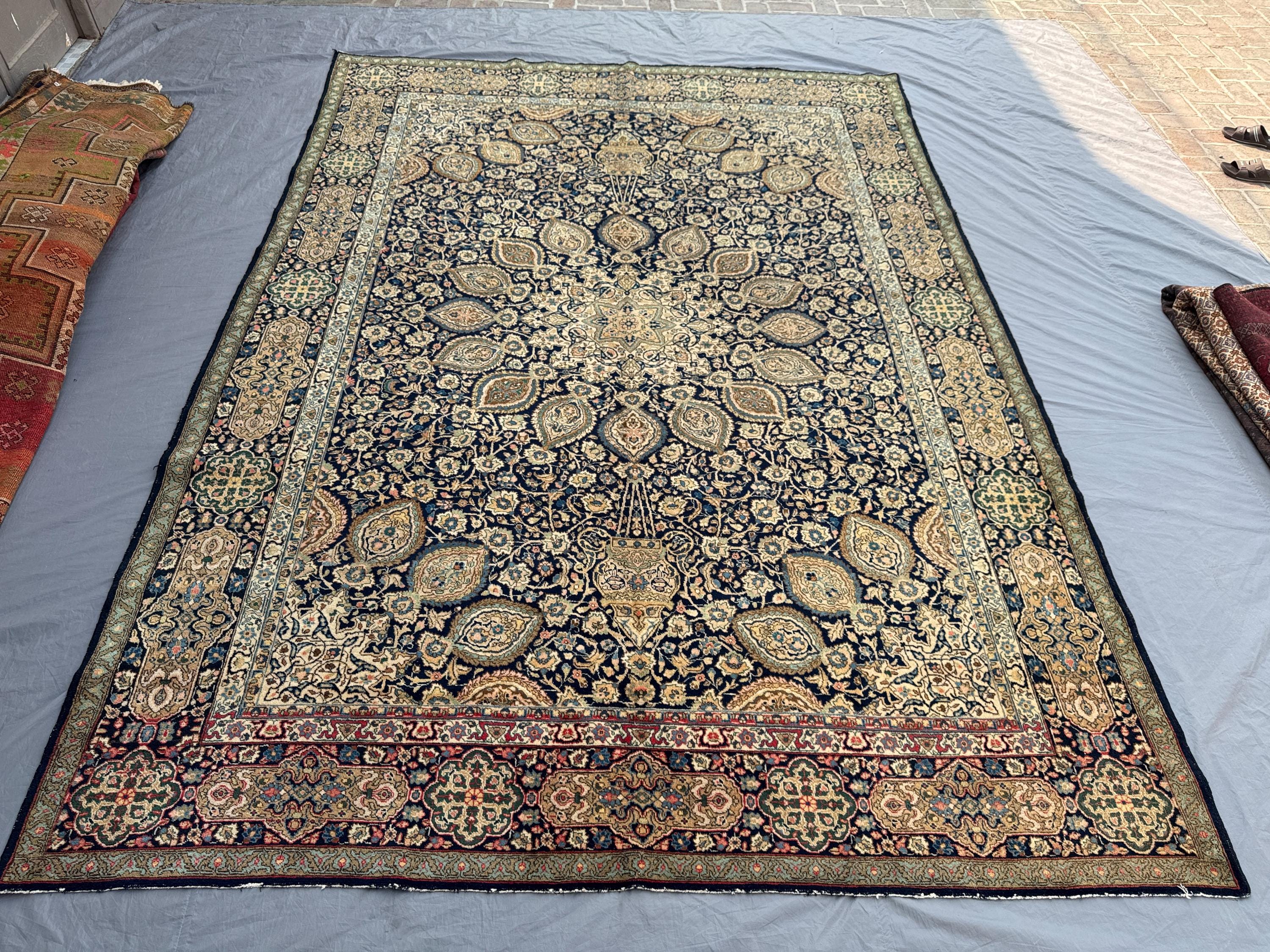 Navy 9'2 x 13'1 Ft Turkish Inspired Caucasian Vintage Hand Knotted Large Area Rug Tribal Geometric Wool Soft Pile Living Room Decor