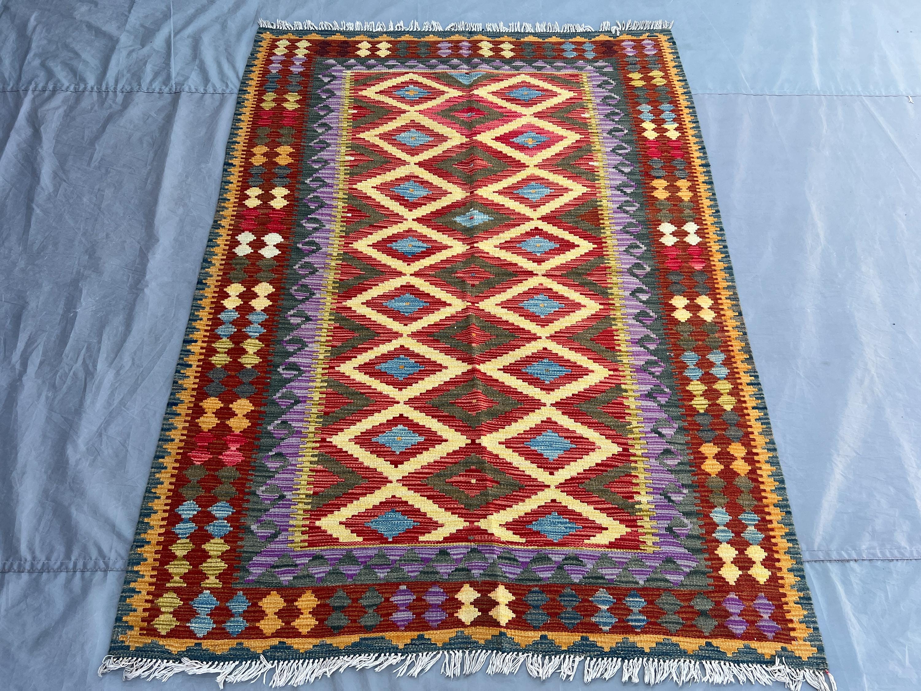 Afghan Kilim Rug 5x7 | Handwoven Wool Flat Weave | Multicolor Tribal Area Rug | Boho Diamond Pattern Carpet |