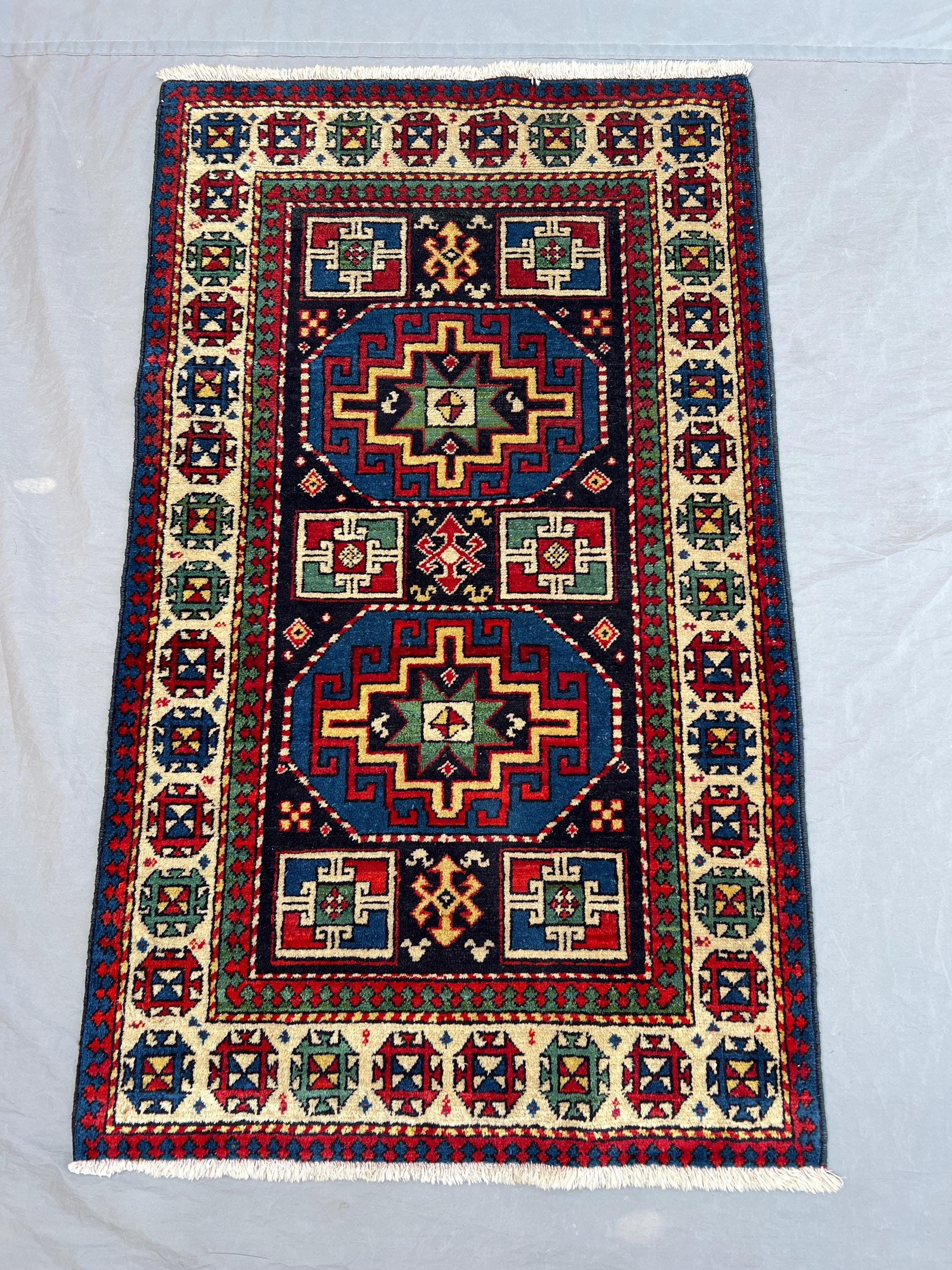 2'4x3'10 Vintage Afghan Kazak Style Rug | Hand Knotted Wool Area Rug | Black Blue Red Geometric Medallion Rug | Accent Rug Caucasian Style