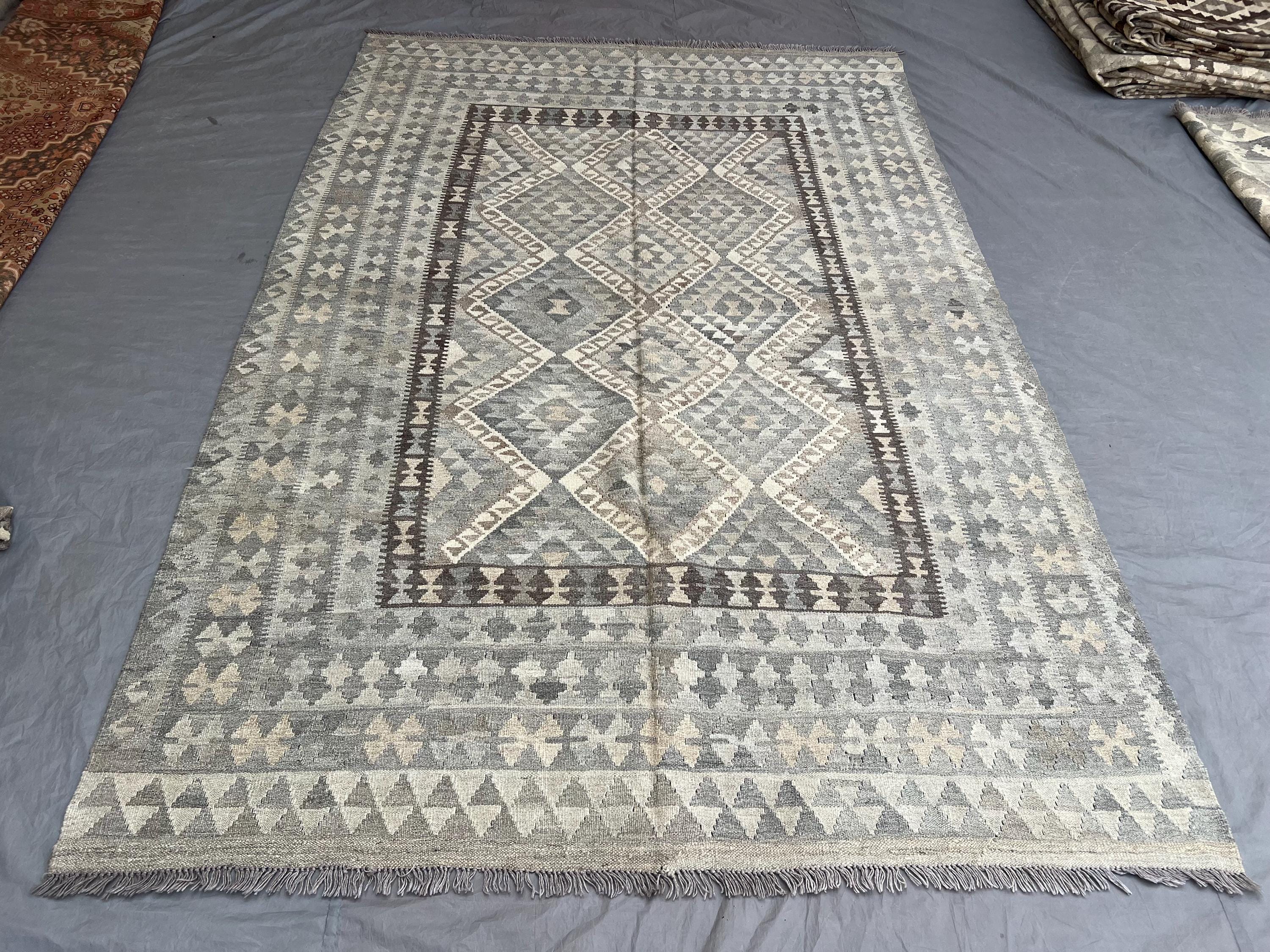 7 x 10 ft Afghan Hand-Woven Vintage Kilim Rare One-of-a-Kind Maimana Design Faded Blue & Gray Tones | Living room or Bedroom decor rug