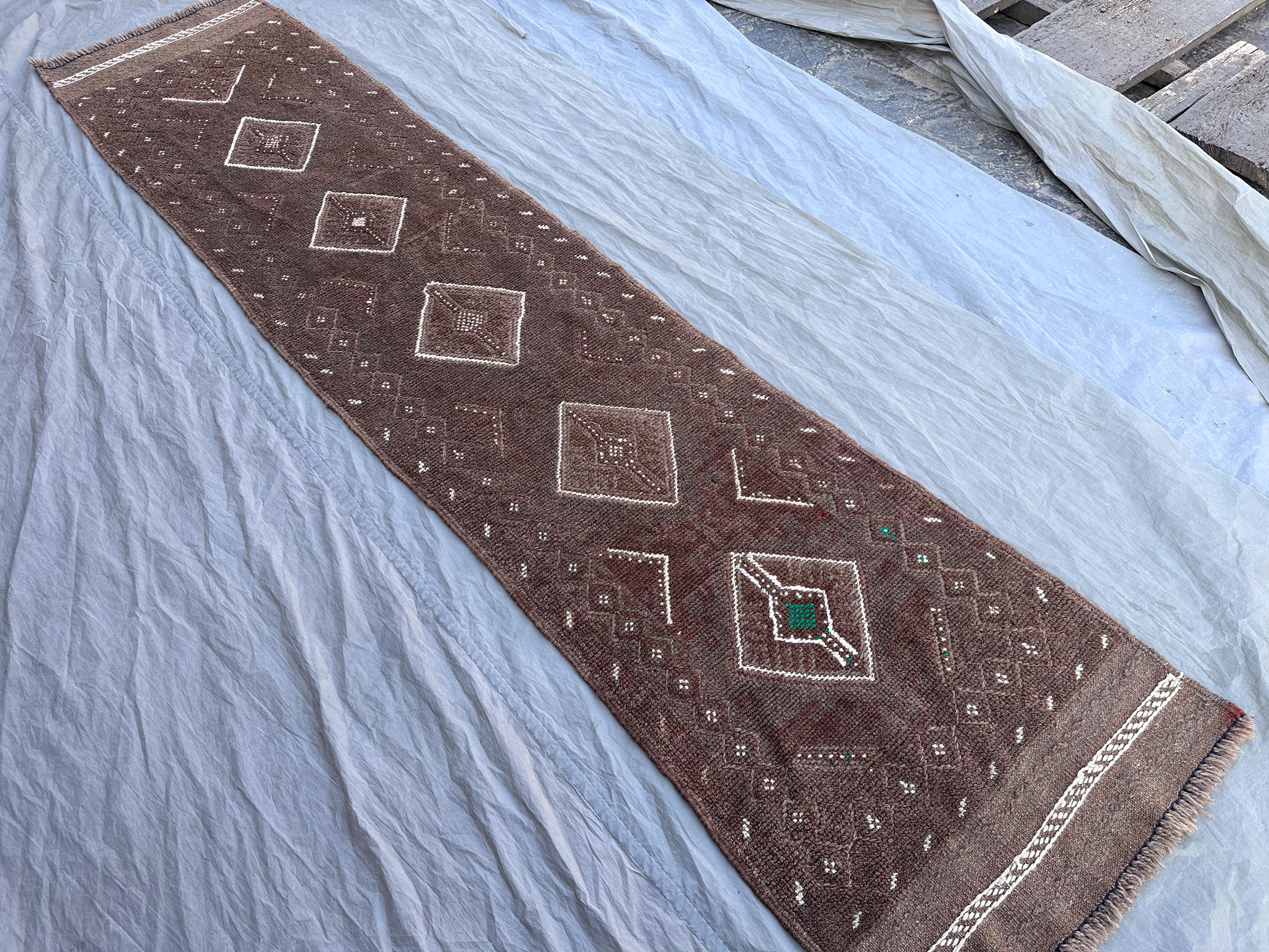 1'11x 8'4 Afghan Hand Knotted Vintage Rare Soft Pile One of a Kind Narrow Runner Terracotta Color Faded Mishwani Design | Living room decor