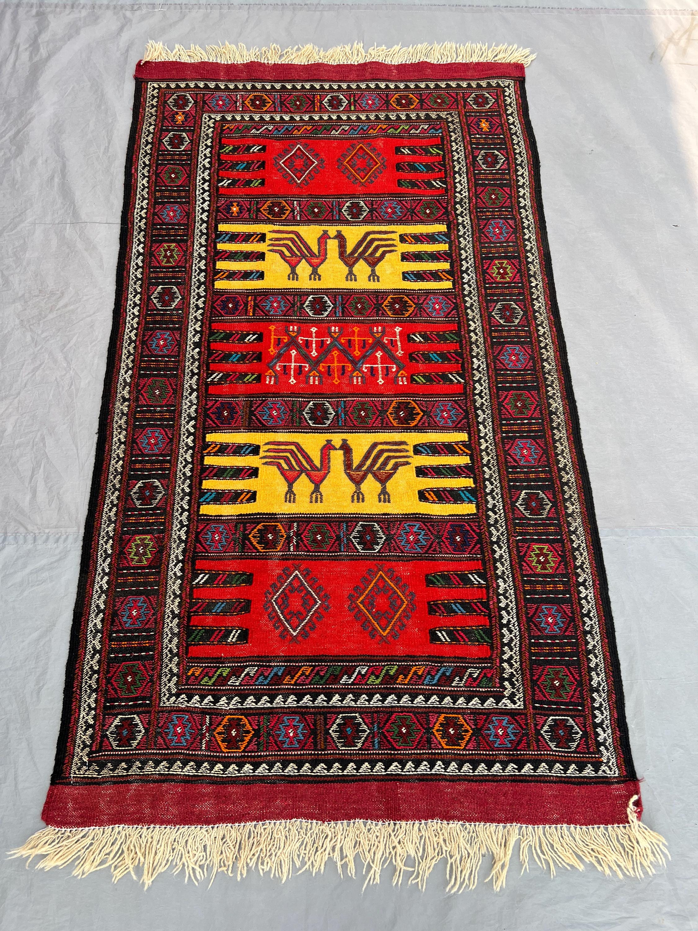 3'2x5'8 Ft Vintage Afghan Baluchi Kilim Flatweave | Red Gold Banded Animal Motif | Handwoven Wool Tribal Rug f