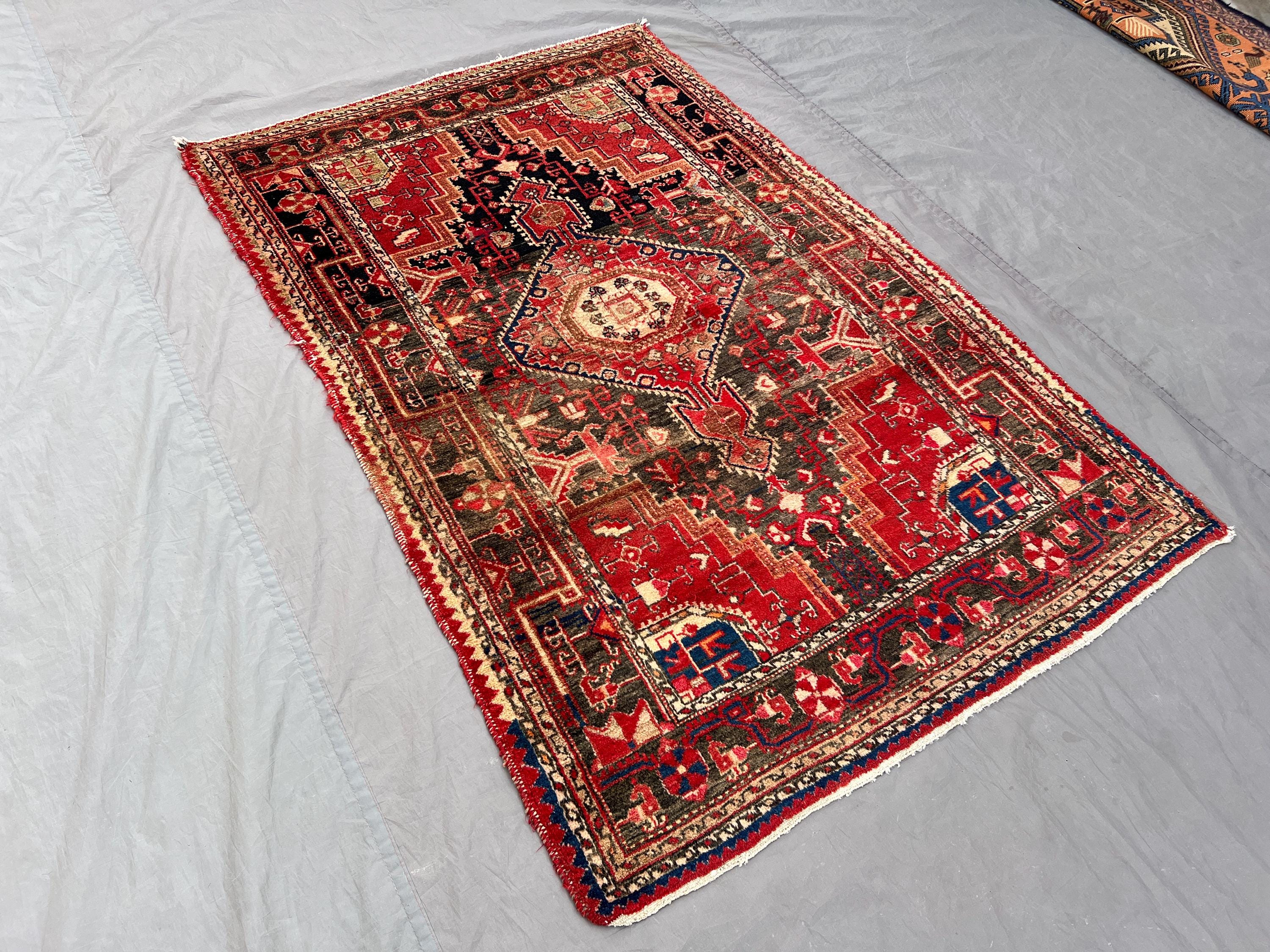 3'9 x 5'8 ft Antique Low Pile Caucasian Medallion Rug, Vintage Hand-Knotted Distressed Wool Carpet, Red Black