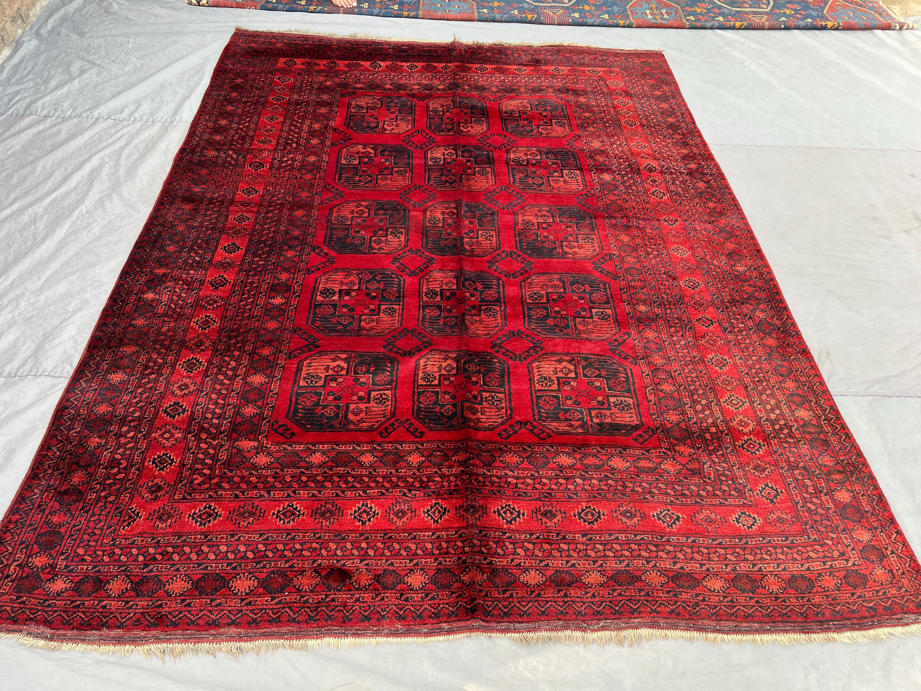 Red 7'11 x 10'2 ft Vintage Afghan Turkmen bokhara Handwoven Rug, Soft Pile, Geometric Design, Tribal Motif, Area Rug, Living Room,