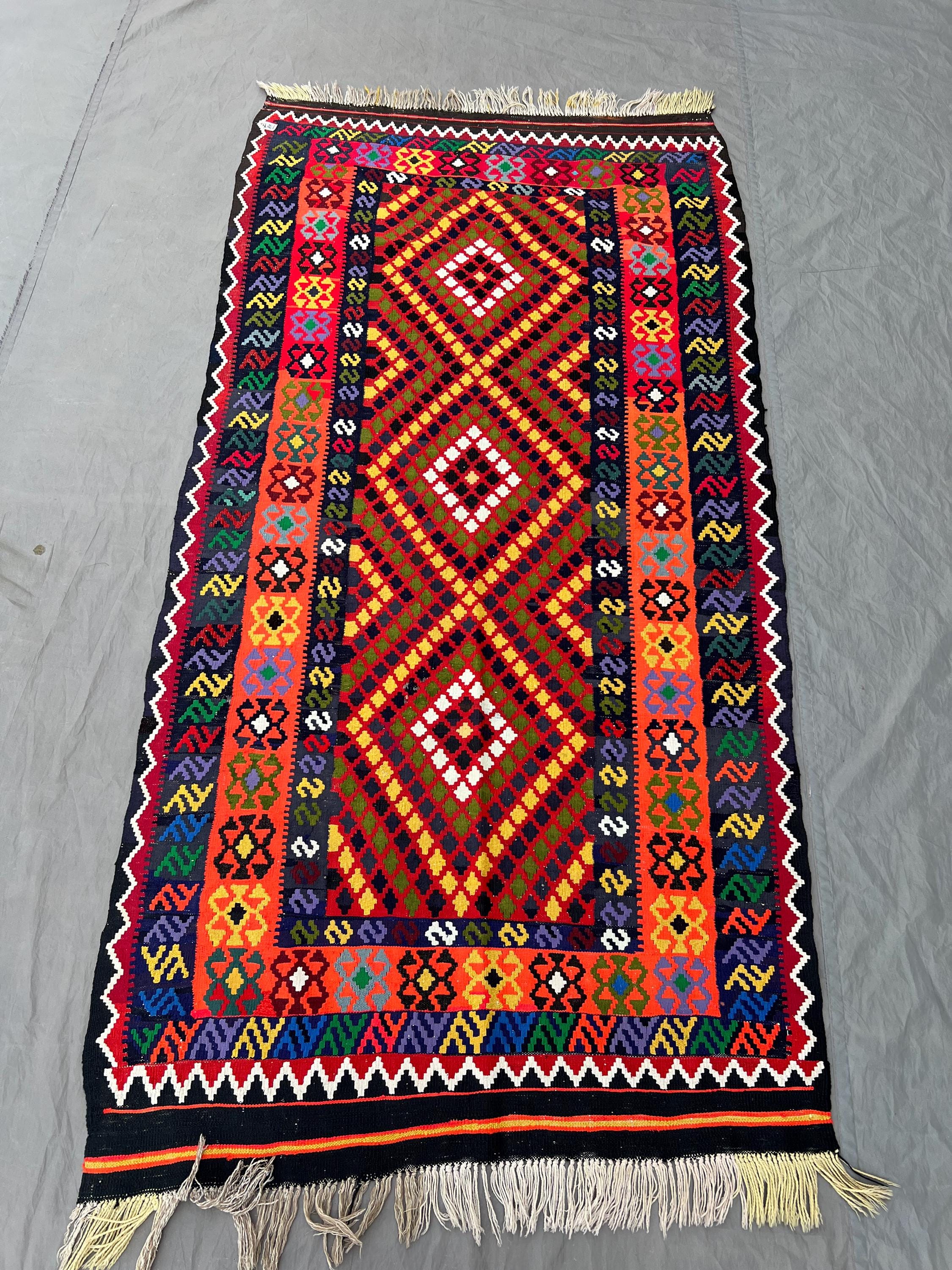 Afghan Handwoven Flat Weave Kilim Rug – 4 x 7 ft Colorful Modern Maimana Design One of a Kind Wool Rug | Living room & Farmhouse decor