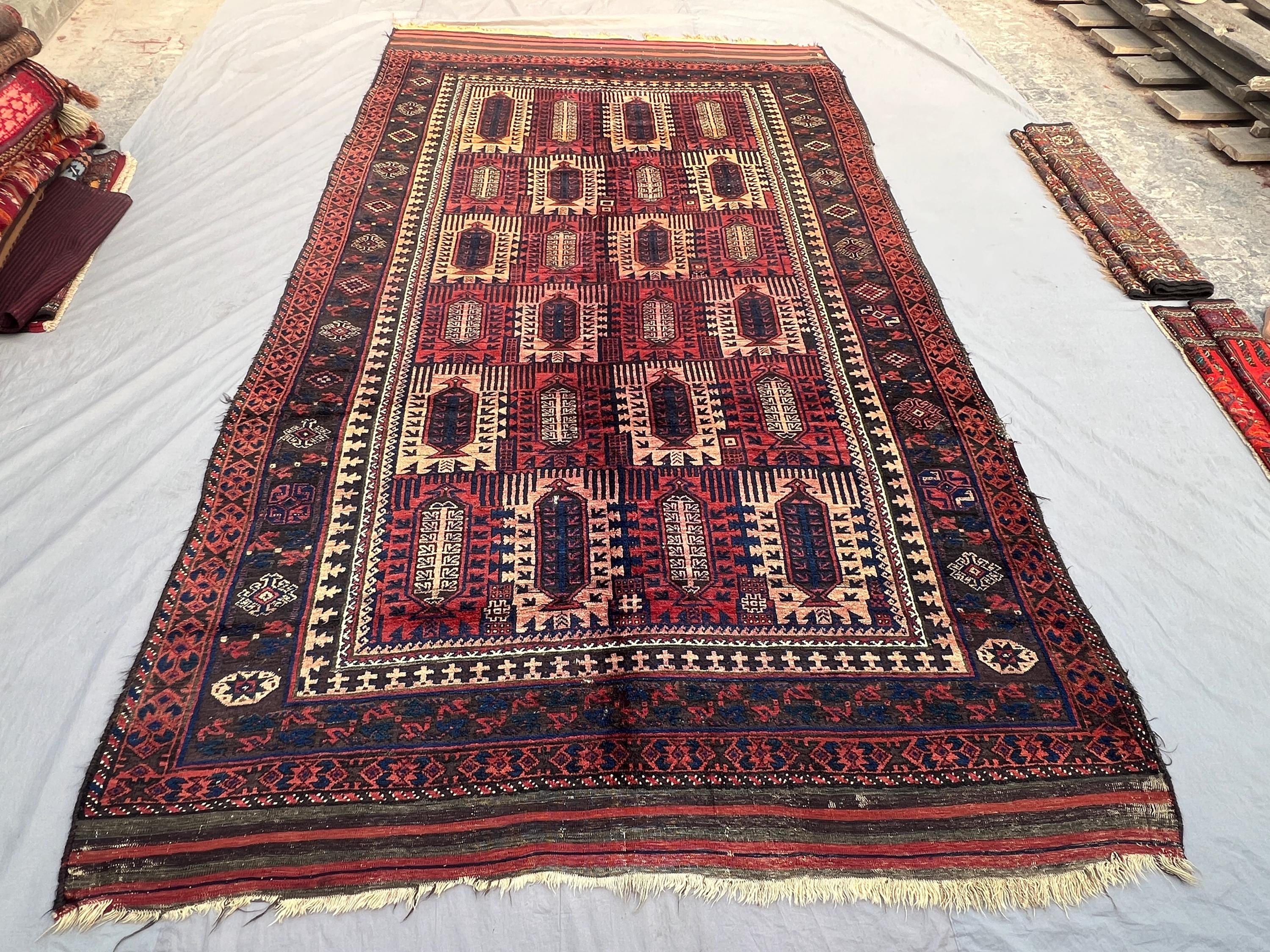 7'3x12'5 Ft Antique Afghan Hand Knotted Pile Rug | Red Ivory Repeating Arch Niche Column Tribal Wool Area Rug | Living Room, Collector