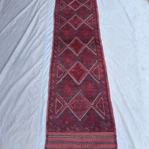 2x7'8 Ft Afghan Baluch Runner Rug | Handwoven Mishwani Wool Carpet | Tribal Red Faded Design | Narrow Hallway Rug, Kitchen Entryway Rug,