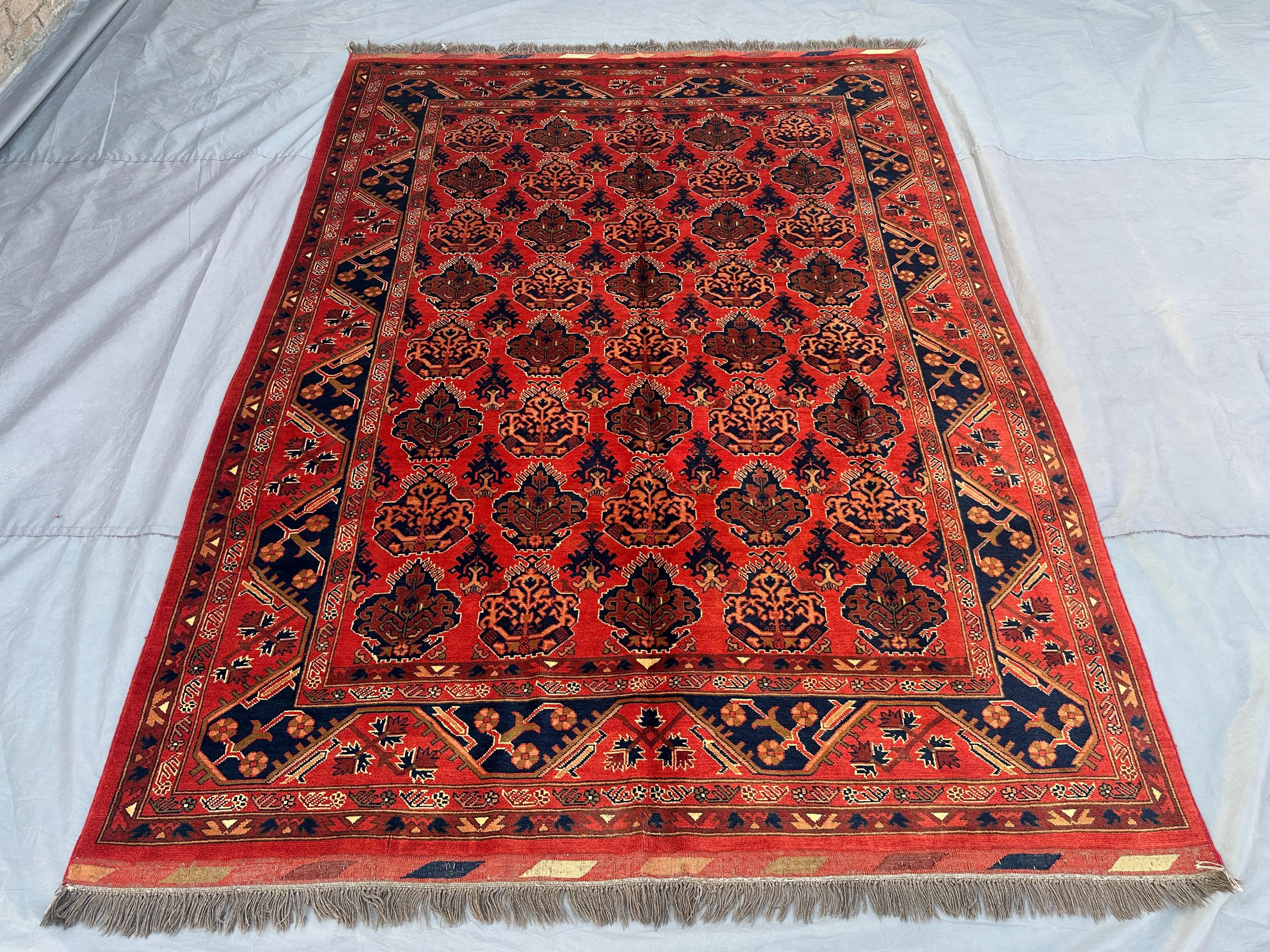 Afghan Hand Knotted Rug 7x10 Tribal Turkmen Bokhara | Geometric Wool Rug | Vintage Afghan Carpet | Red & Navy