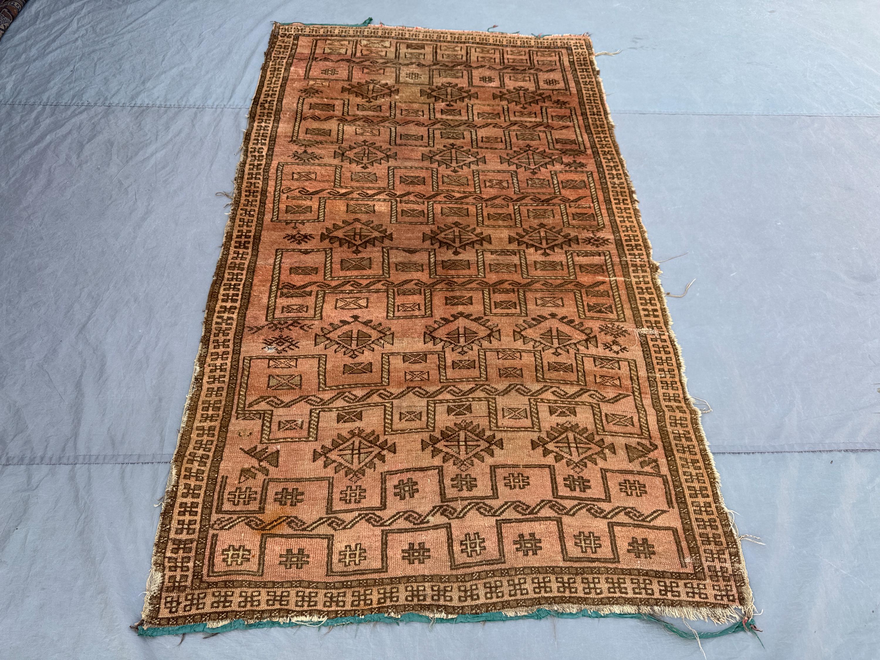 Antique 4'6x7'11 ft Afghan Balochi Handmade Nomadic Rug, Fine Wool, Moroccan Style Tribal Design, Luxury Area Rug for Living Room, Hallway