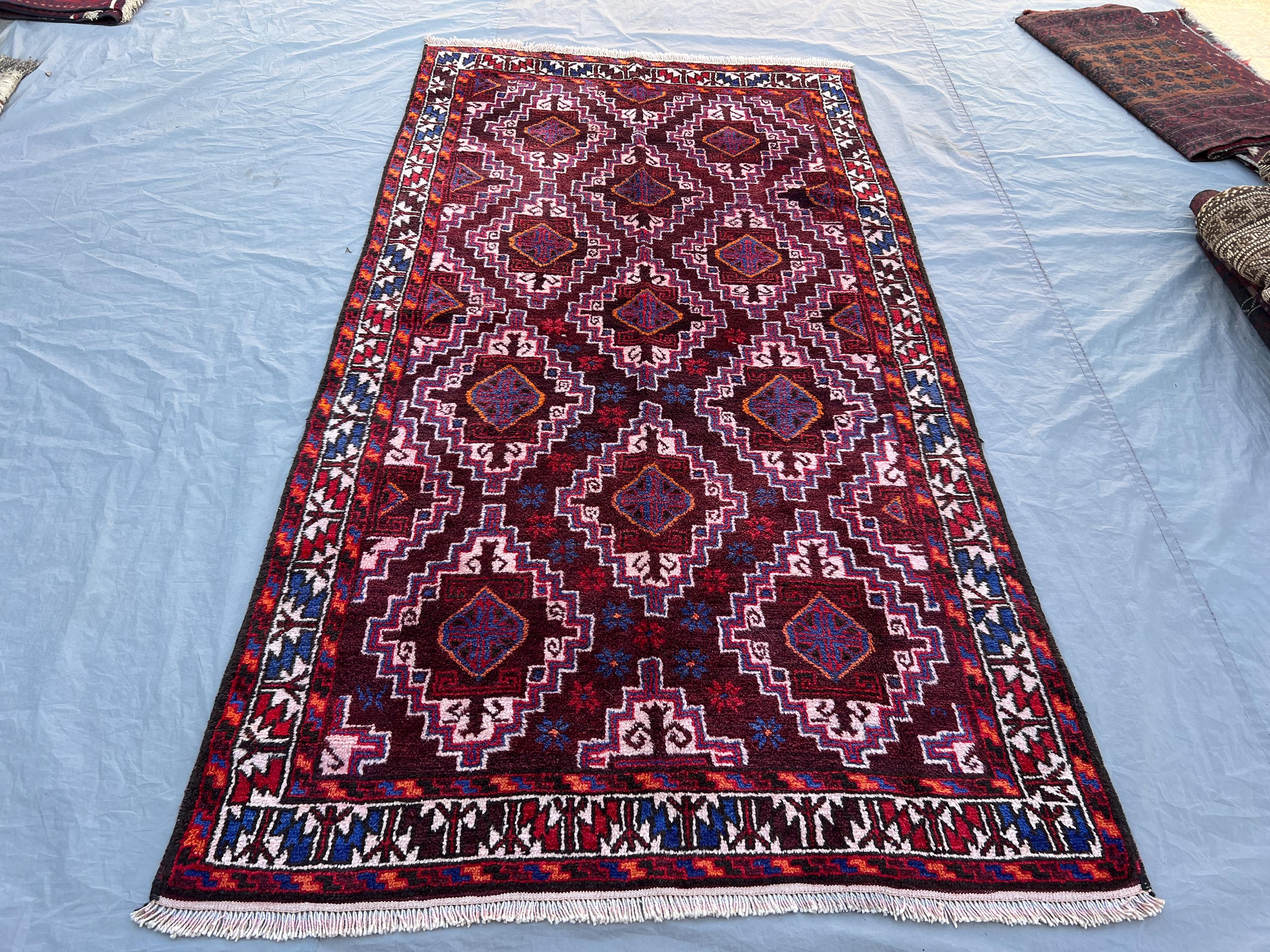 4'6"x8'3" Vintage Afghan Hand-Knotted Rug – Geometric Red & Blue Design, Tribal Motifs, Handmade, Boho Home Decor, Cozy Living Room