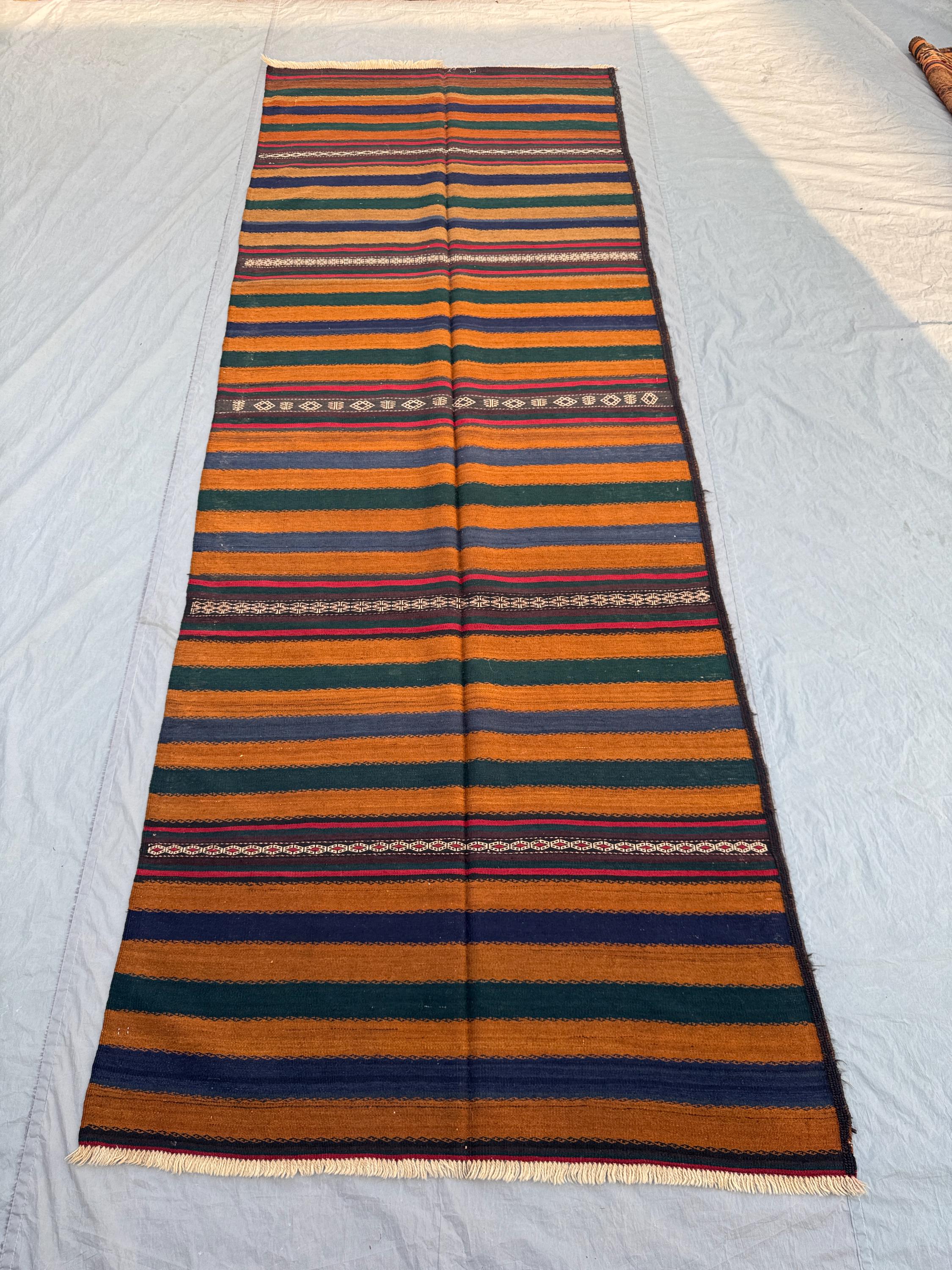 4'4 x 11'9 Ft Antique Afghan Baluchi Kilim Runner No Pile Flat Weave Hand Knotted Wool Distressed Hallway Deco