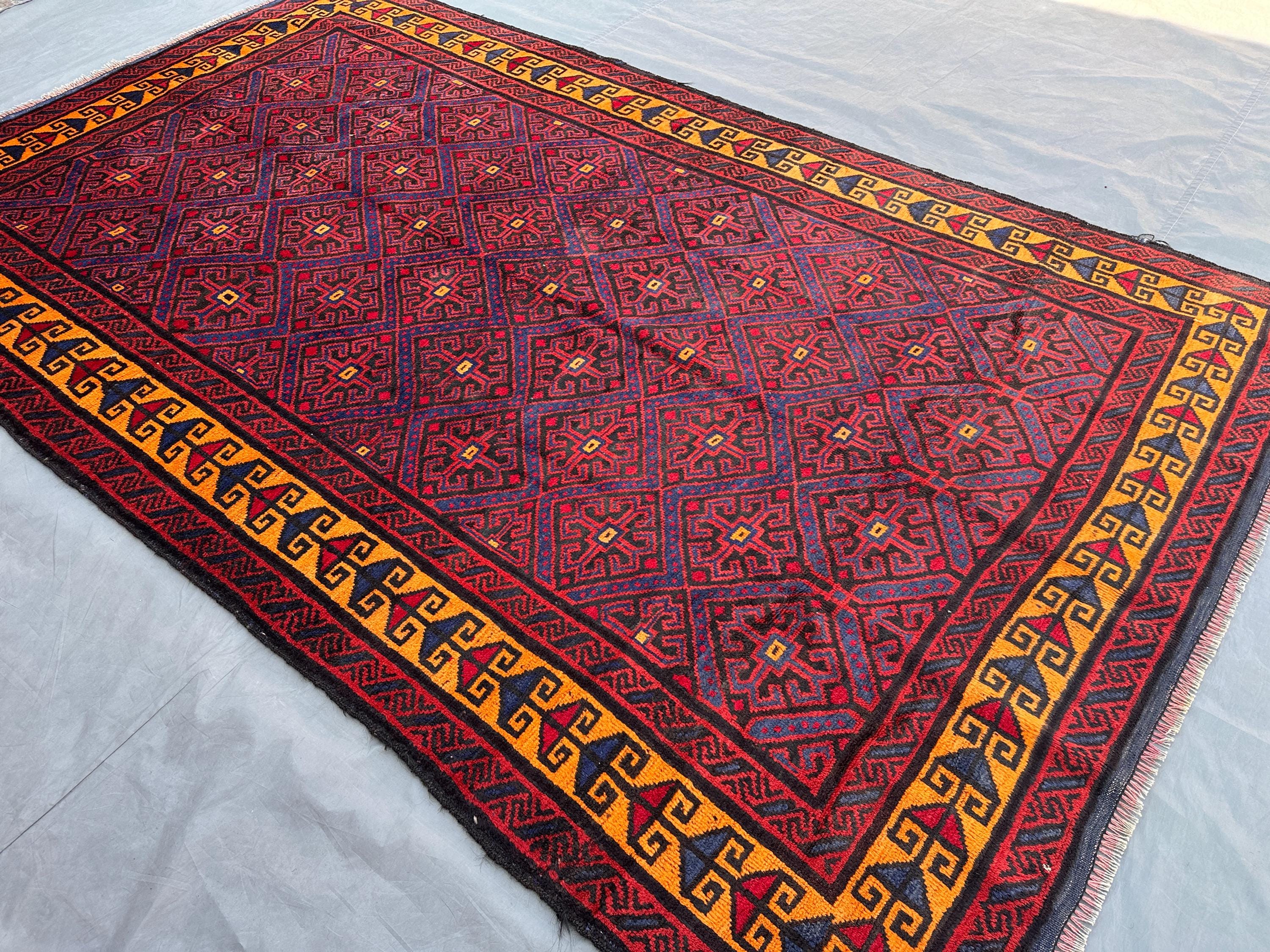 5'2x8'8 ft Afghan Baluch Rug | Hand Knotted Wool Tribal Carpet | Taimani Geometric Area Rug | Outdoor Bohemian