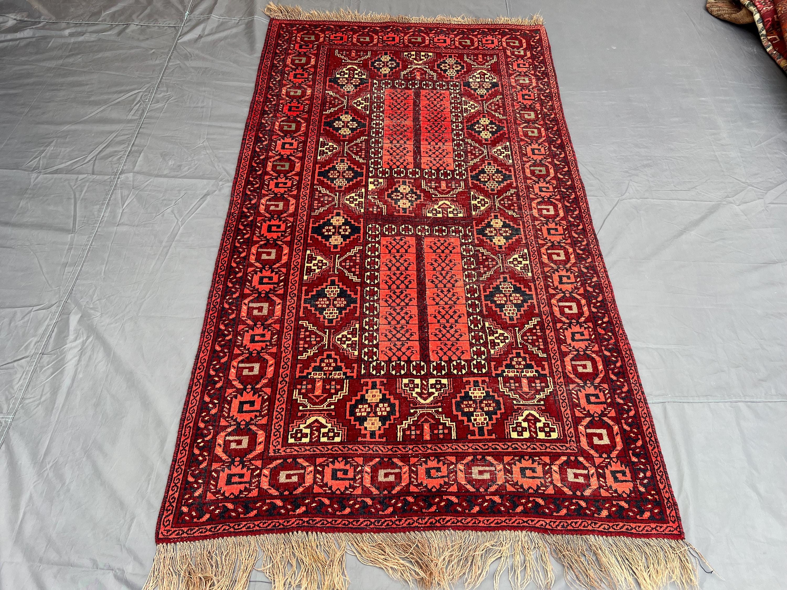 4x7 Antique Turkmen Ensi Rug, Hand Knotted Wool Parda Design Rug, Rare Tribal Oriental Carpet, Vintage Soft Pile Area Rug Decor, Kitchen Rug