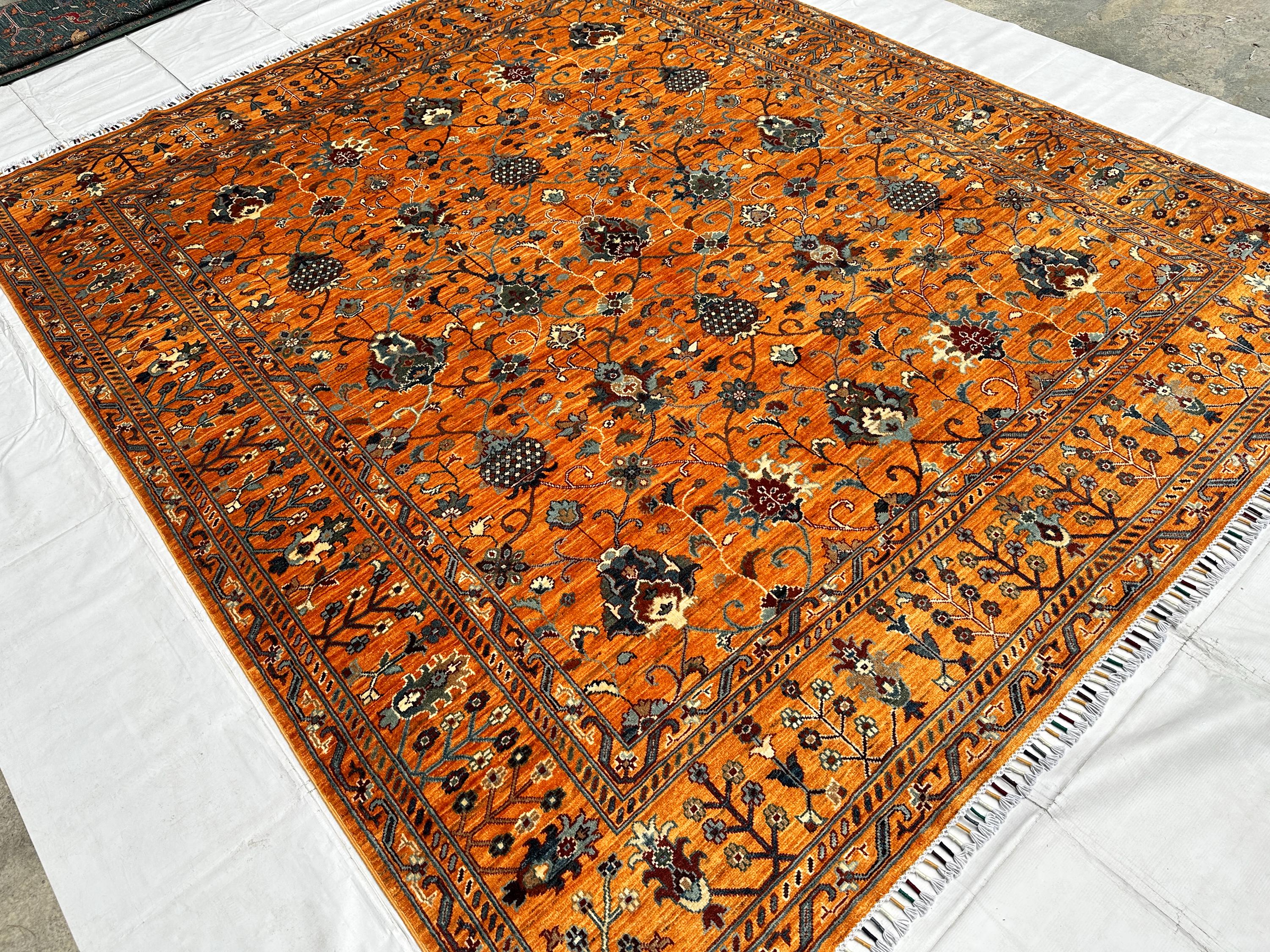Rust Floral Lattice Rug, Hand Knotted Wool Diamond Trellis Carpet 8x10, Terracotta Area Rug, Traditional Wool