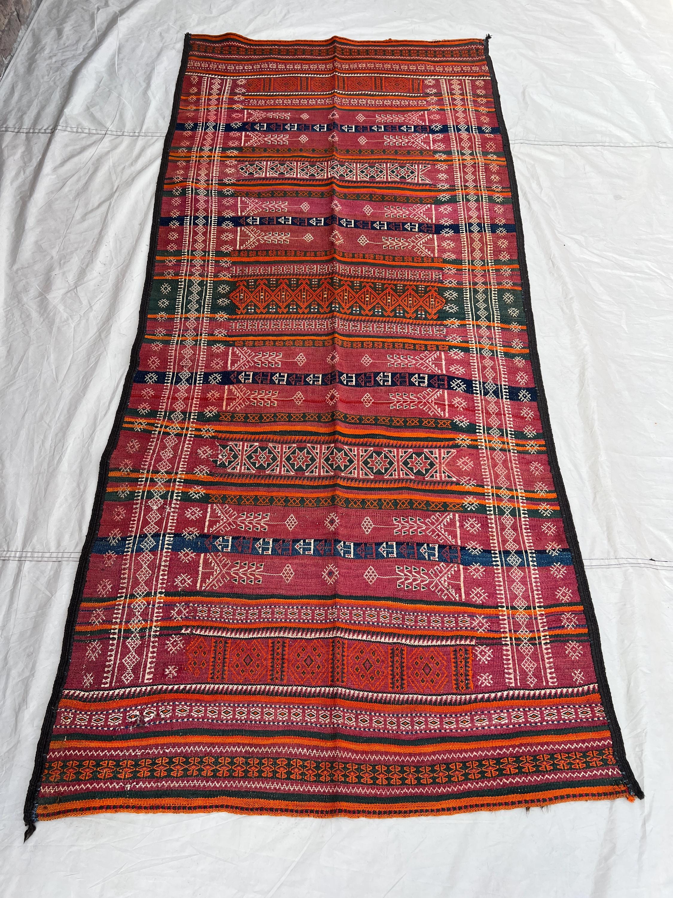3'8x8'4 Ft Vintage Afghan Kilim Handwoven Wool Flatweave All-Over Embroidered Stripe Arrow Star Magenta Orange Navy Area Rug | Living Room