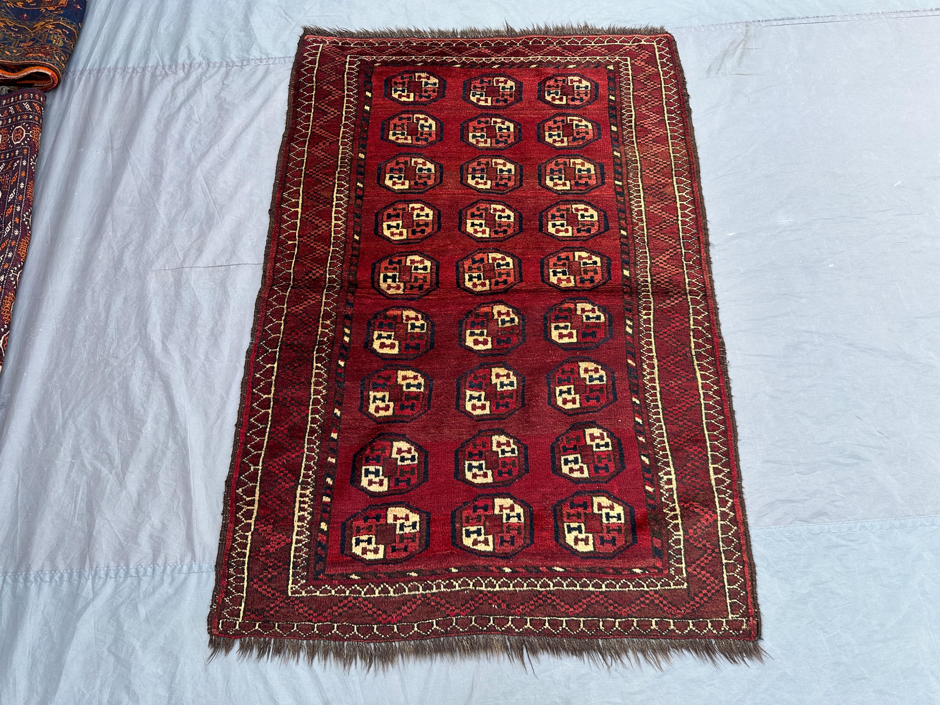 3'8 x 5'5 ft Antique Turkmen Ersari Rug, Hand Knotted Wool, Rare Tribal Red Carpet, Geometric Gul Design, One of a Kind Vintage Kitchen Rug