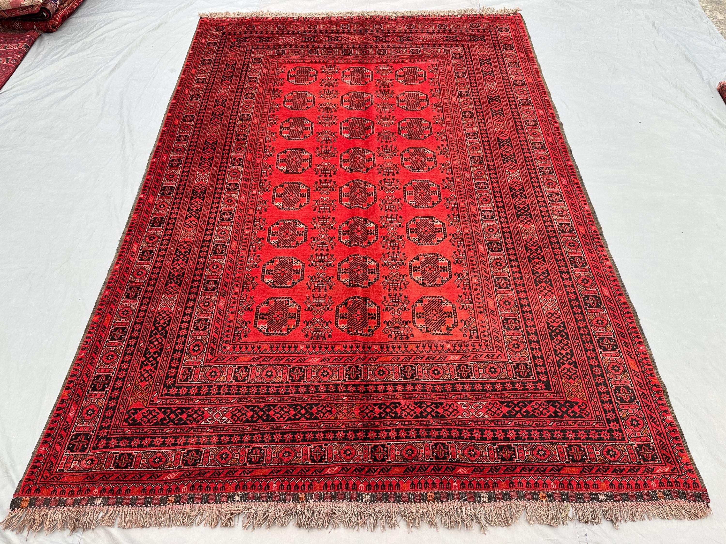 7 x 9 ft Afghan Hand Knotted Vintage Turkoman Bokhara Elephant Foot Rug Red Geometric Tribal Wool Large Soft Pile rug | farmhouse decor rug