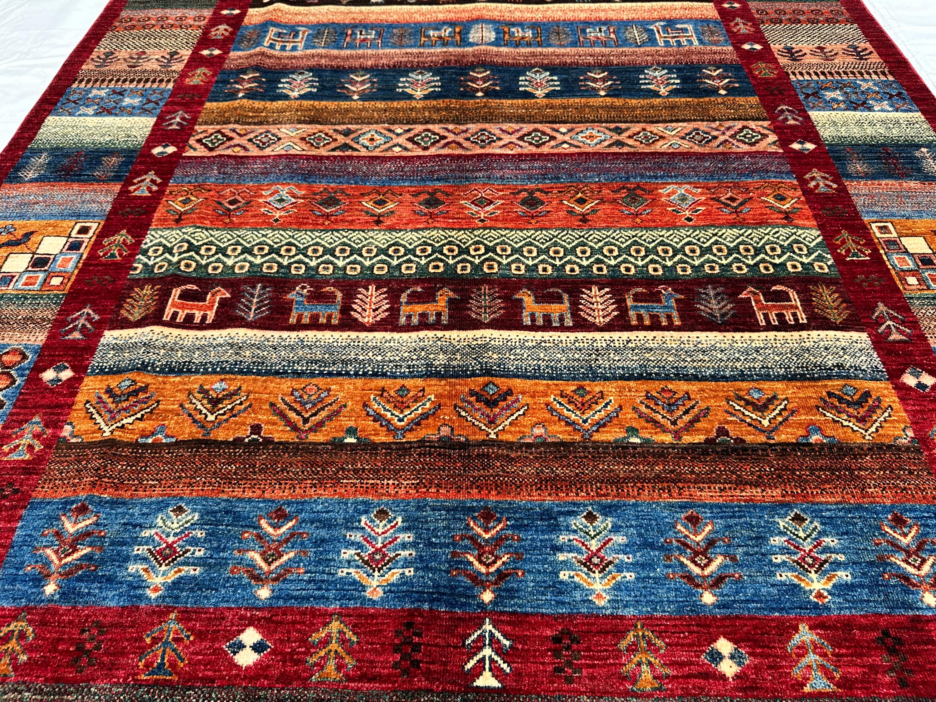 6x8,Red Tribal Striped Rug, Hand Knotted Wool Animal Carpet, Colorful Area Rug Boho Wool Rug, Living Room Rug,