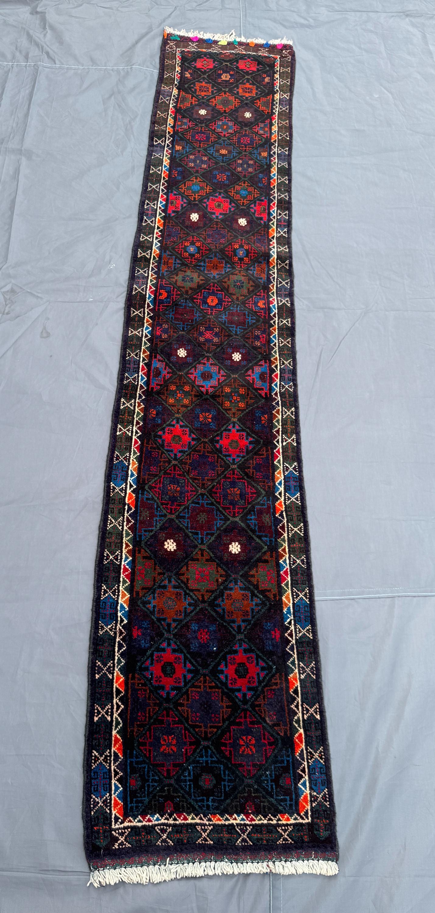 2 × 8 Afghan Hand-Knotted Vintage Runner Taimani Balochi Design Soft Wool Tribal Red Blue Narrow Hallway Decor
