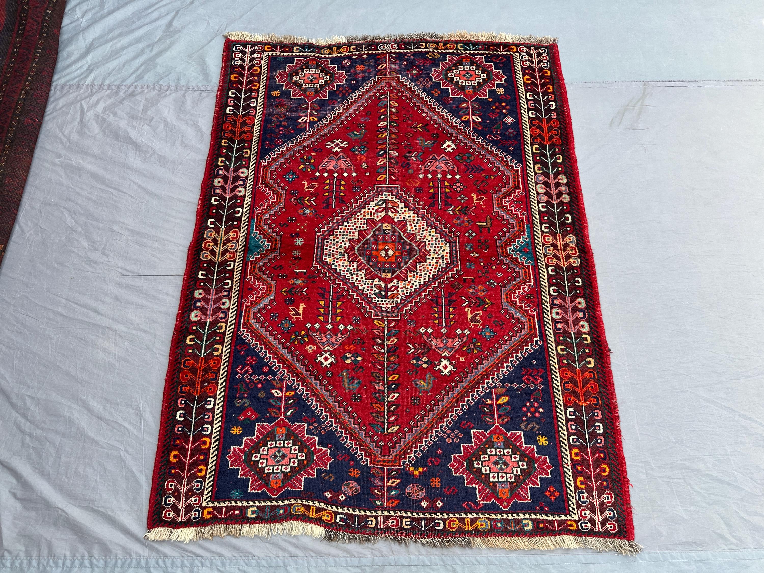 4x5 Antique Tribal Rug, Hand Knotted Wool Carpet | Turkish Style Caucasian Medallion Design | Red Vintage Area Home Decor, Living Room rug