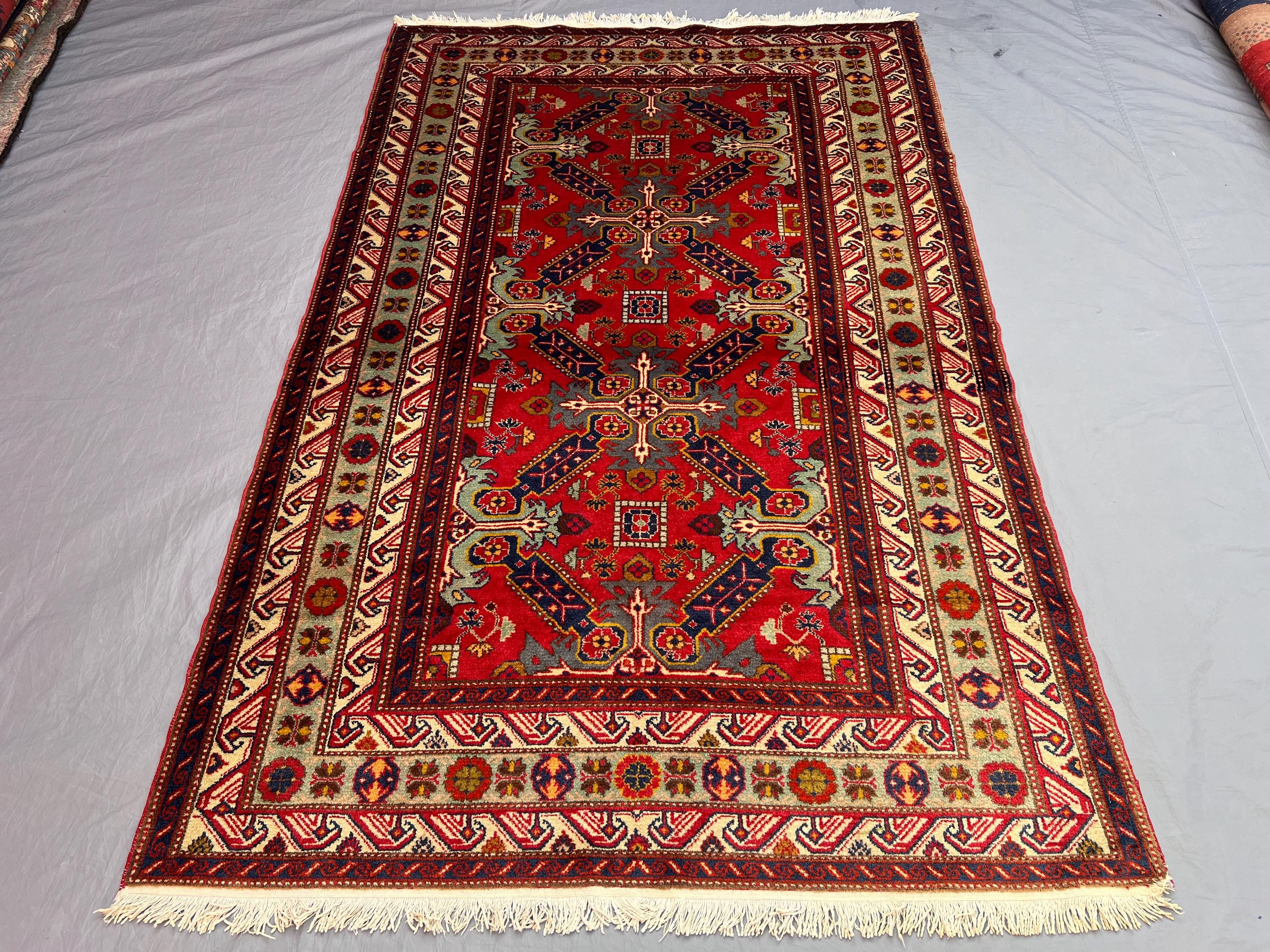 Vintage 4'6 x 7 ft Afghan Baluchi Hand-Knotted Rug, Geometric Design, Soft Pile, Traditional Tribal Wool Area 