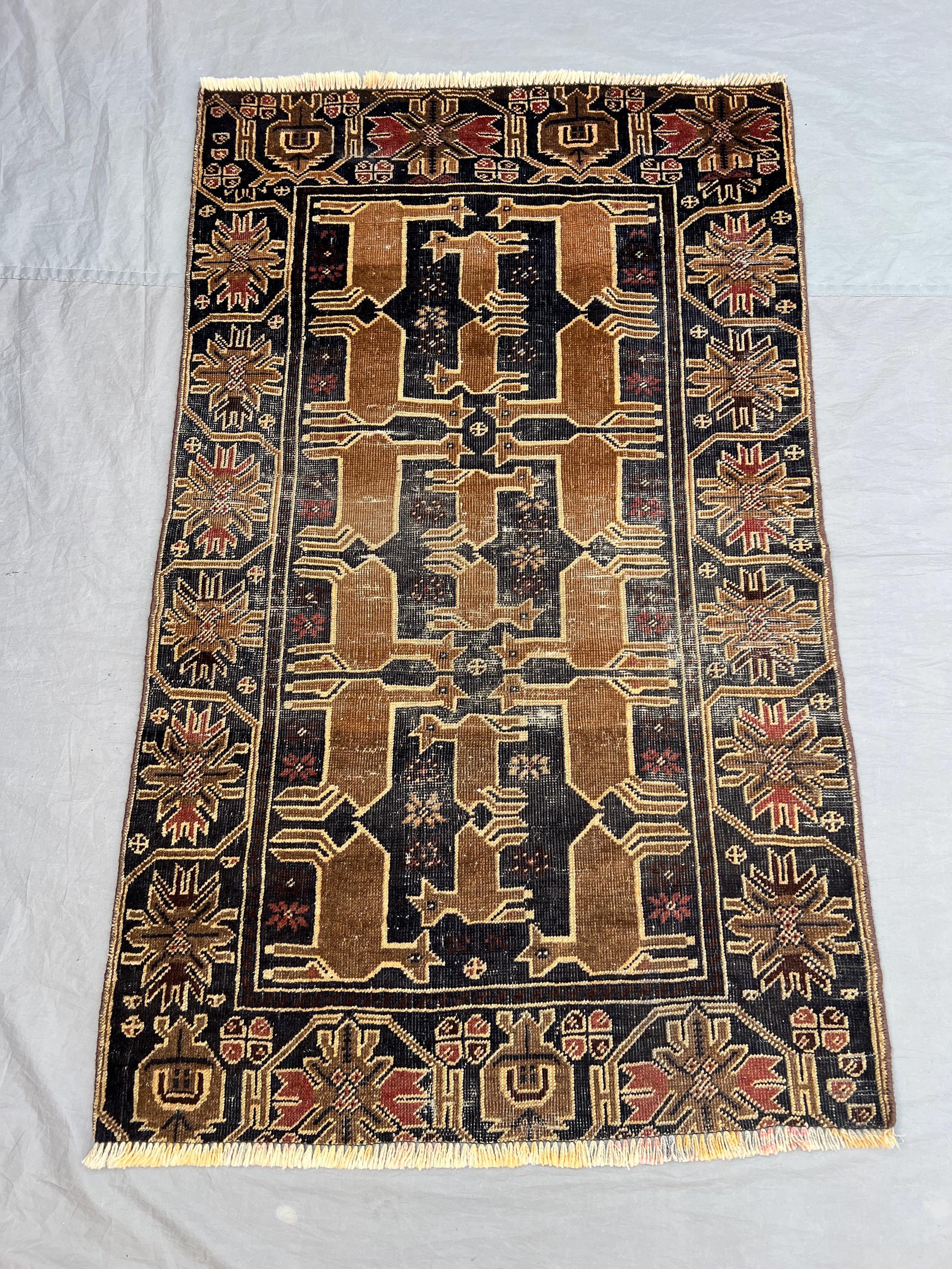 3x5 Ft Antique Afghan Hand Knotted Pile Rug | Black Camel Brown Geometric Medallion Tribal Wool Area Rug | Boho Living Room, Wall Hanging