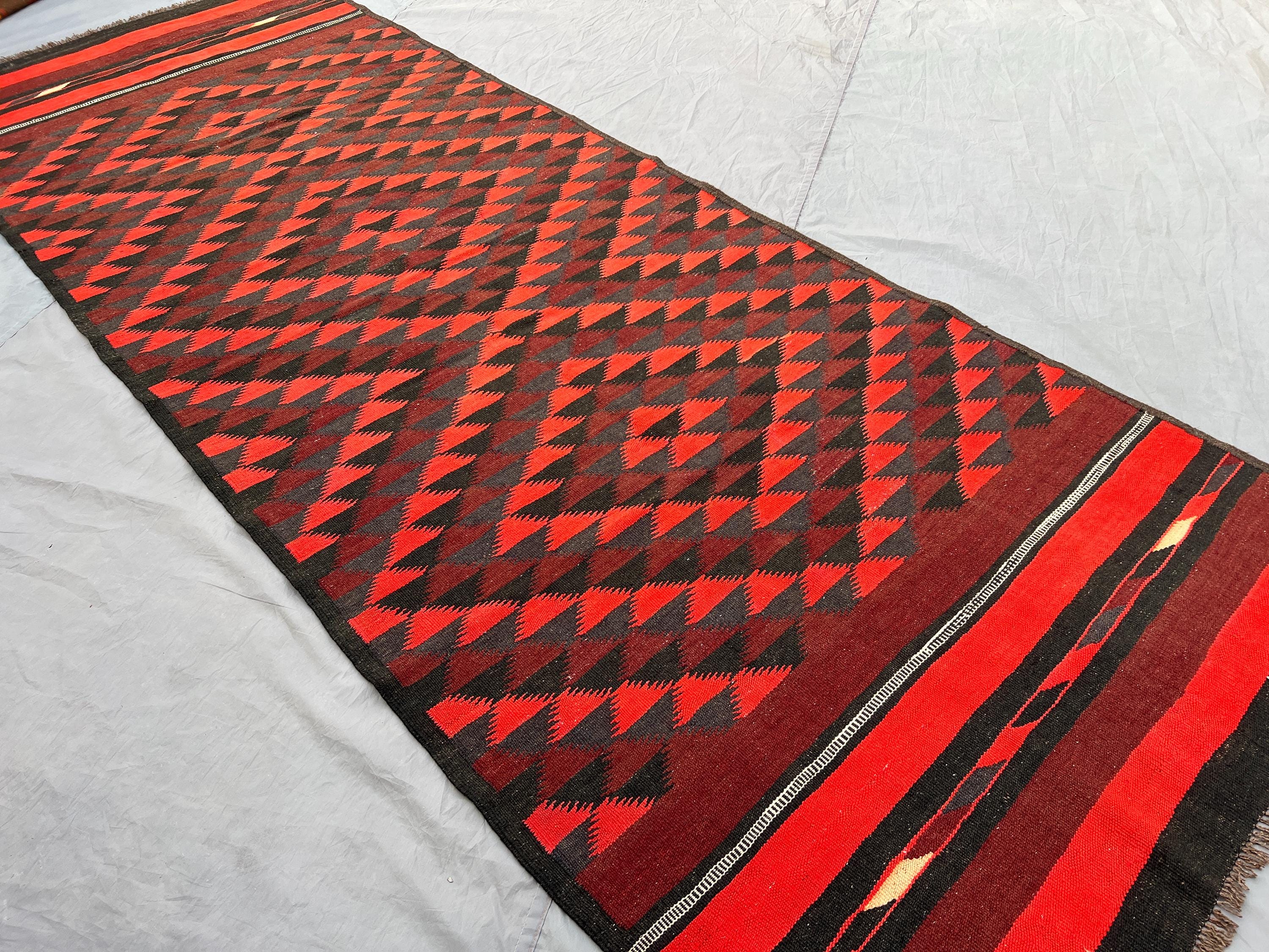 4'4x11'10 ft, Afghan Kilim Runner | Vintage Flatweave Wool Rug | Bold Tribal Diamond Pattern | Red Wide Long Hallway Carpet, Entryway rug