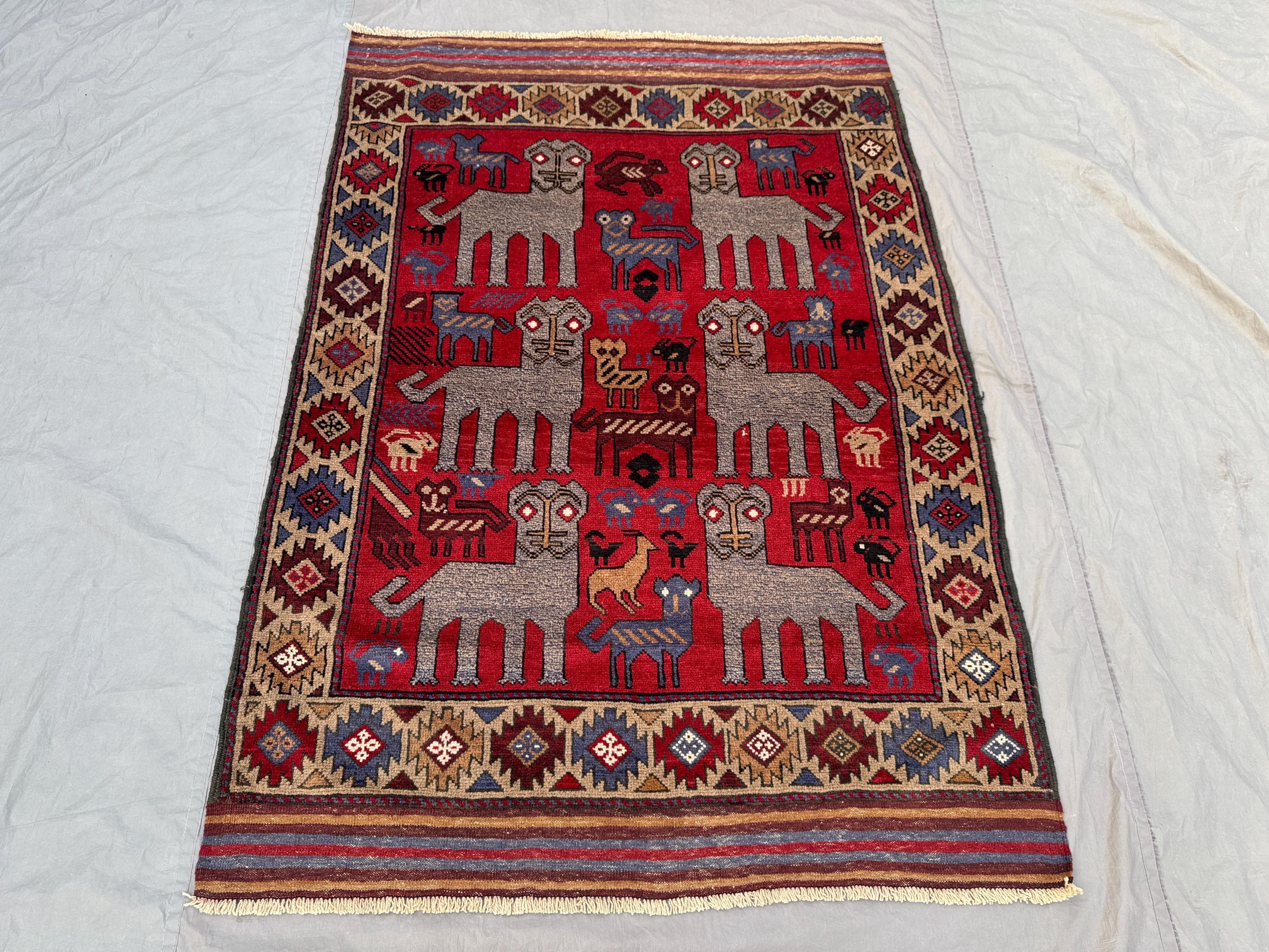 4 x 6 ft Red Afghan Hand Knotted Rug, Vintage Pictorial Luxury Wool Rug with Animal Motifs, One of a Kind Soft Pile Tribal Decor