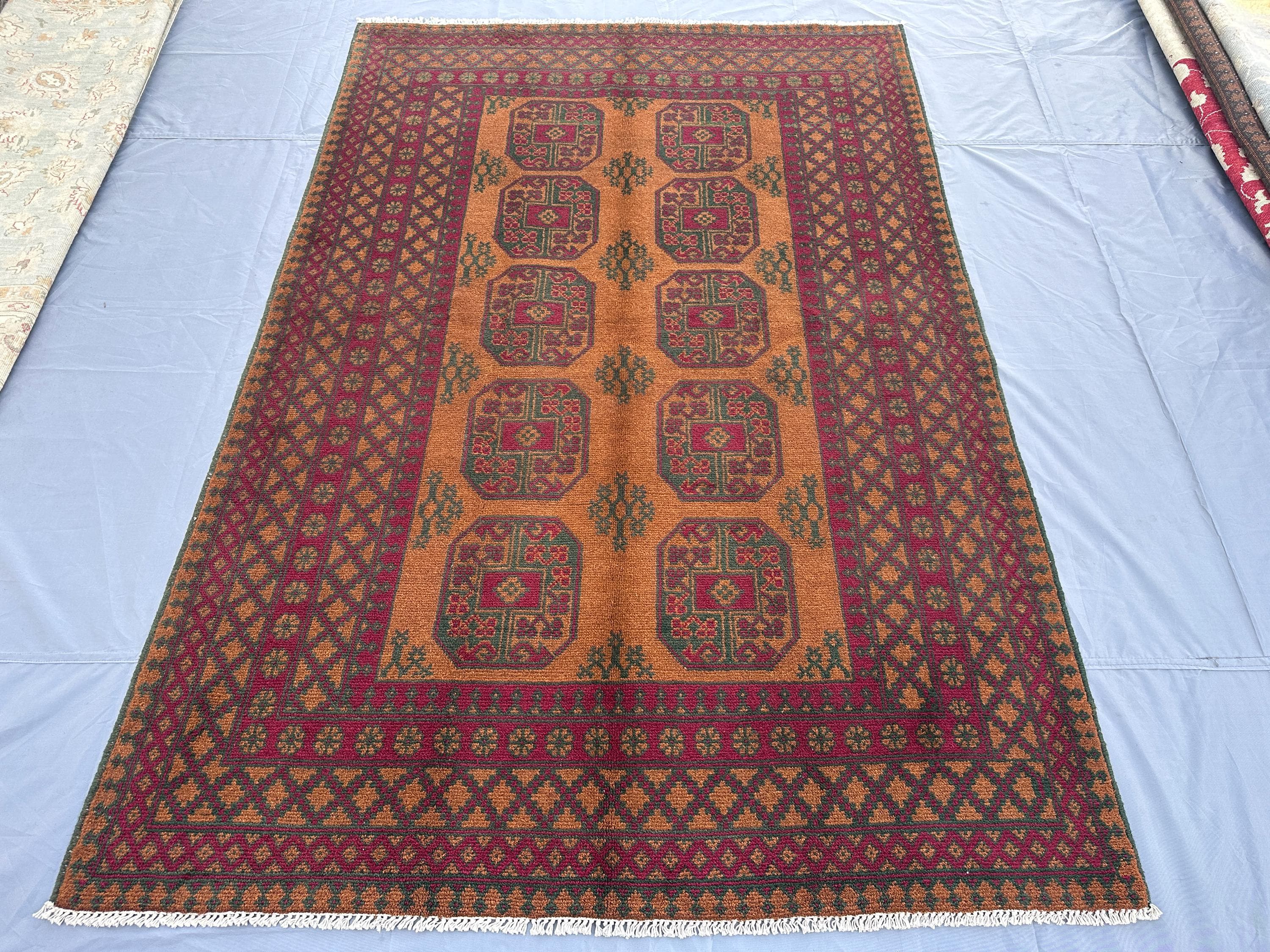 5x8 Terracotta Afghan Hand Knotted Bukhara Rug, Wool Tribal Carpet, Traditional Nomadic Geometric Carpet, Orie