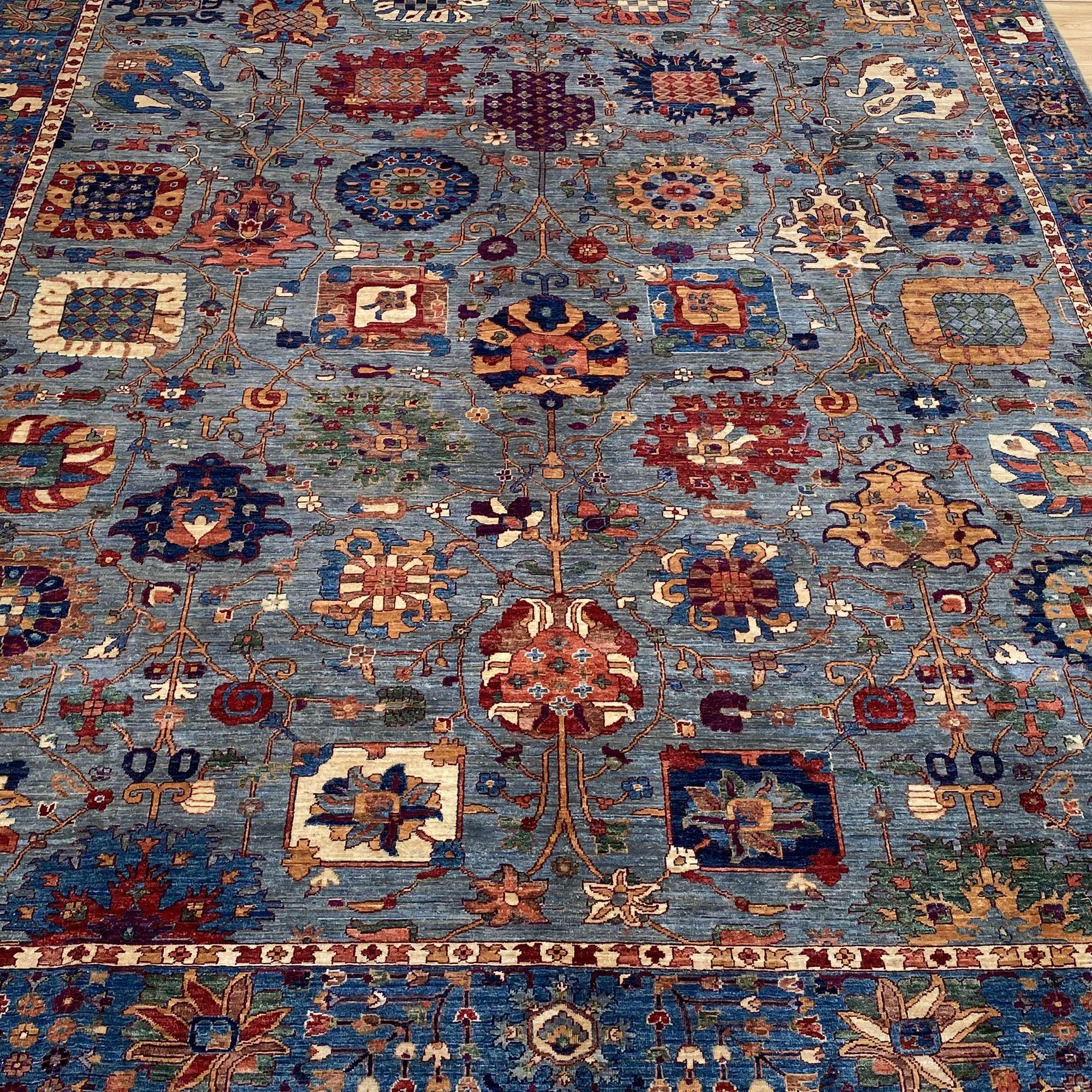 Afghan Mamluk Rug | Hand Knotted Blue Wool Area Rug Natural Dyes | Large 10x14 ft Living Room Carpet Multicolor Gift