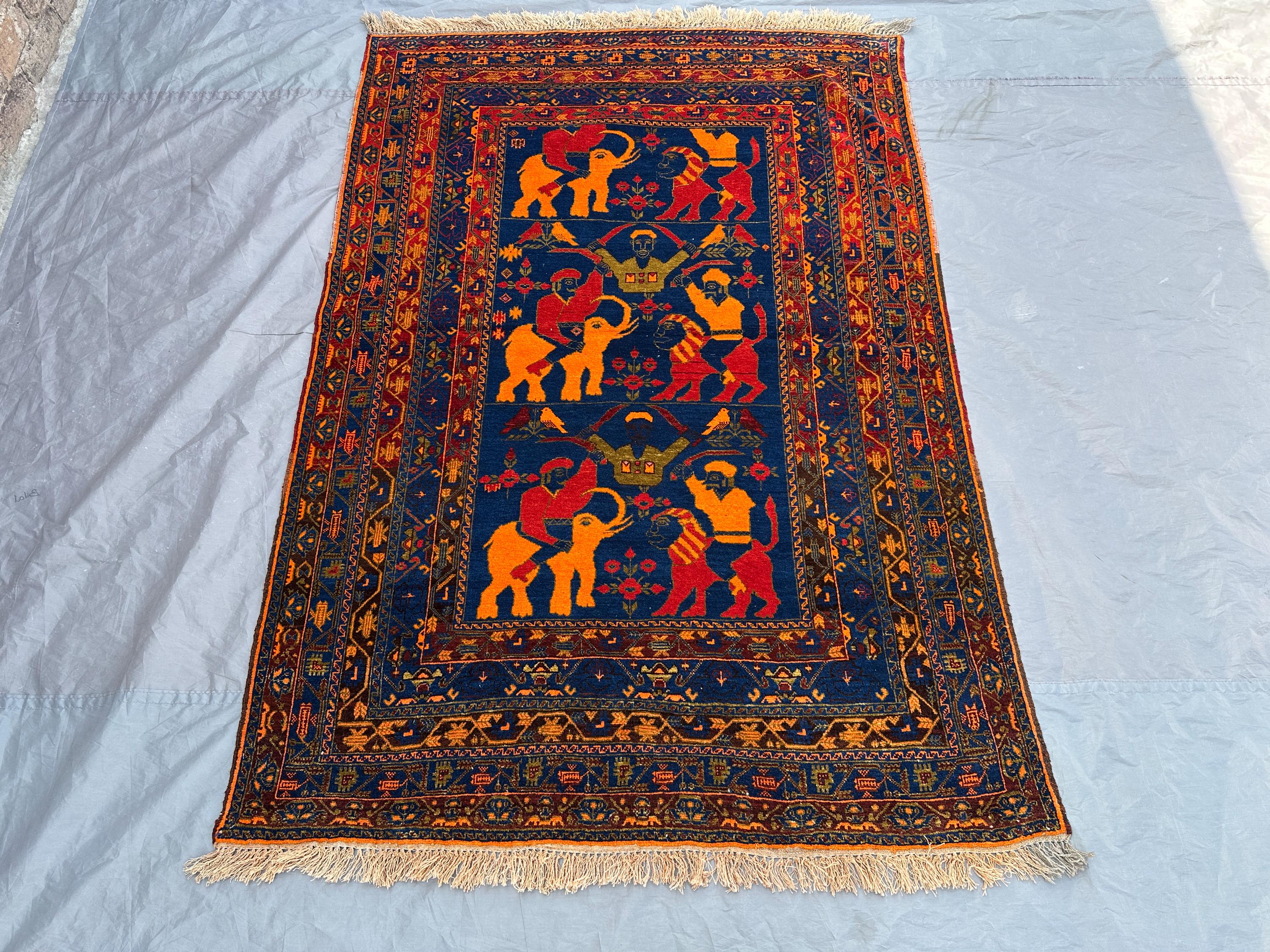 4'3 x 6'3 ft Vintage Afghan Pictorial Rug, Hand Knotted Wool Wall Hanging, Rare Tribal Design with Animal & Human Motifs, Top Quality Rug