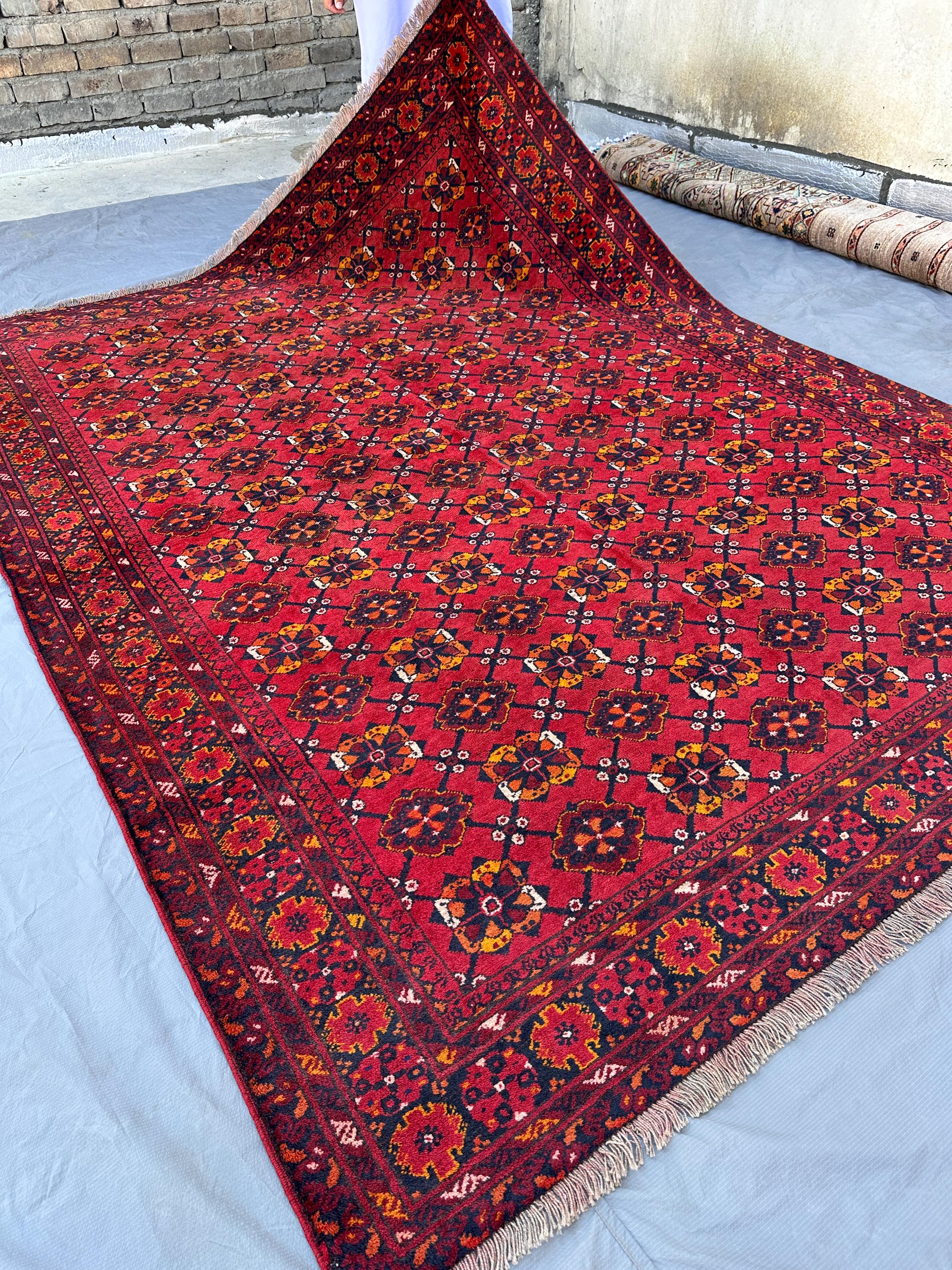 6x9, Red Wool Mori Gul Rug, Hand Knotted Amber Floral Carpet Afghan Tribal Area Rug Living Room Rug