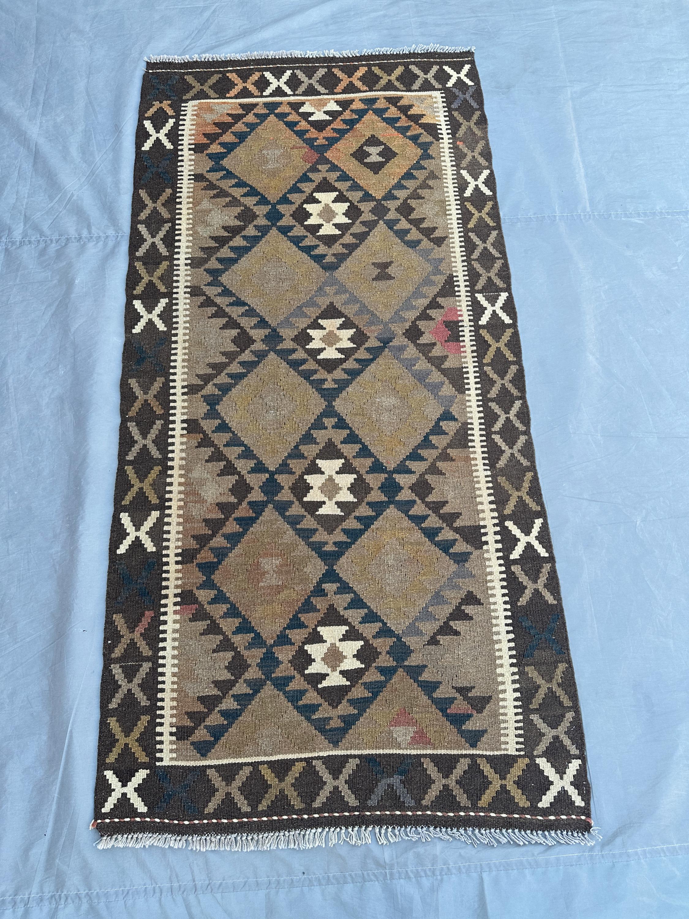 3x7 Handmade Afghan Kilim Rug | Vintage Flat Weave Rug | Geometric Wool Tribal Runner | Bohemian Area Rug, Kitchen Rug, Rustic Home Decor