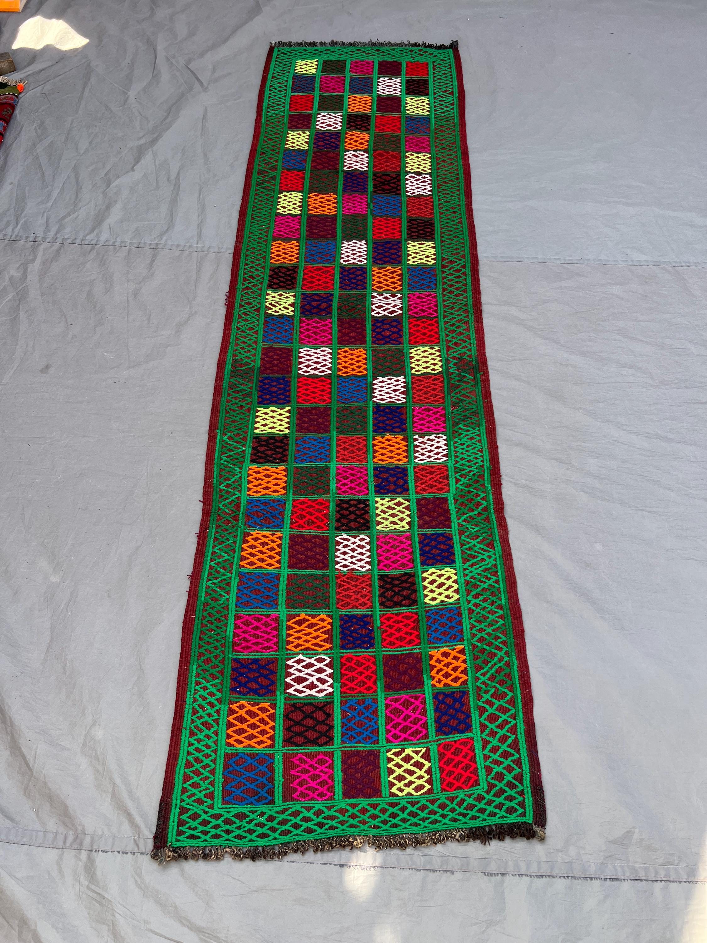 2'3x8'1 ft Vintage Afghan Kilim Runner | Handwoven Tribal Multicolor Grid Panel | Vivid Green & Rainbow Flatweave | Hallway Runner Entryway