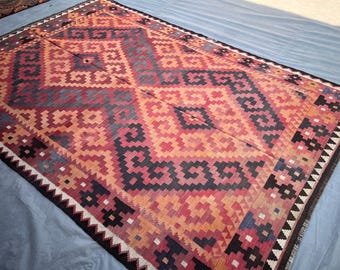 Afghan Handmade Flatweave Rug 6.6x9.9 ft | Tribal Turkmen Geometric Wool Rug | Faded Vintage Large Floor Rug | Boho Wool Bedroom Rug
