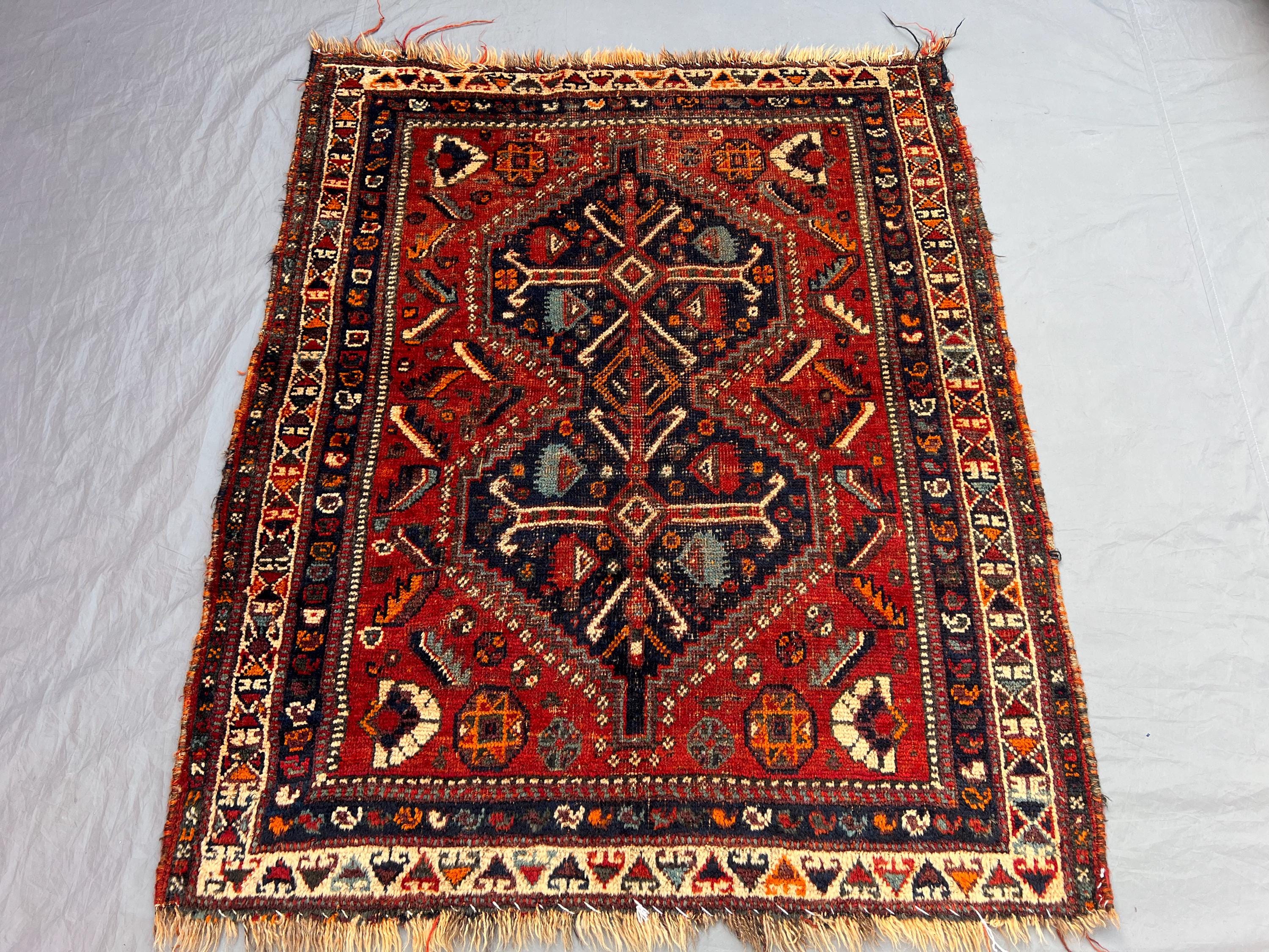 4x4'8 ft Vintage Afghan Baluchi Hand-Knotted Rug, Soft Pile, Tribal Wool Geometric Design, Red & Blue, Living