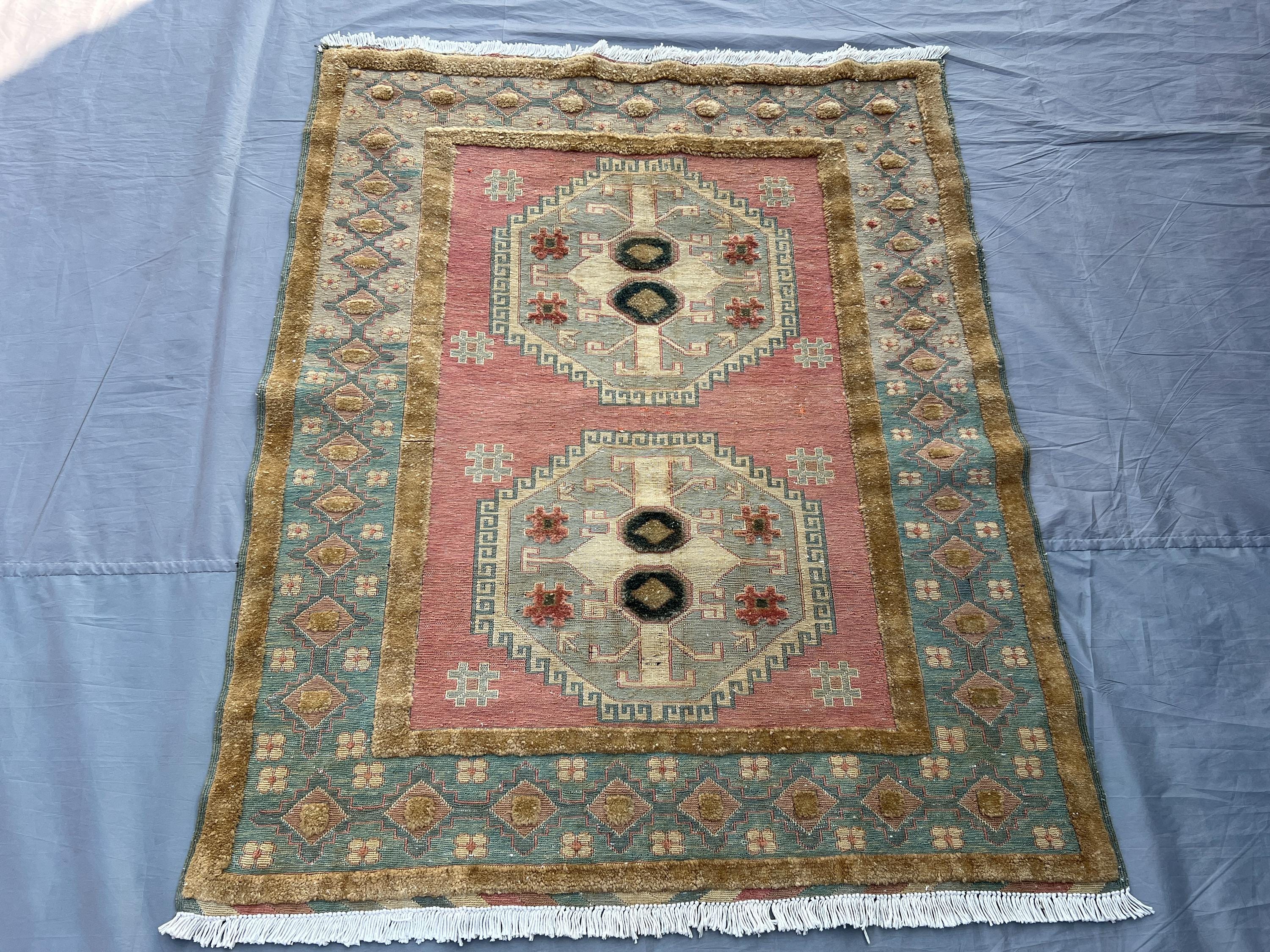 3'8x4'7 ft Vintage Afghan Sumak Kilim Rug Tribal Wool Handmade Rug Pastel Geometric Design, Area Rug, Living R