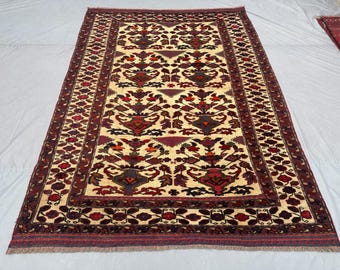 7x9 Vintage Afghan Sumak Rug | Tribal Turkmen Faded Kilim | Geometric Wool Rug | Baluchi Area Rug | Bedroom Rug | Floor Rug, Turkish Rug