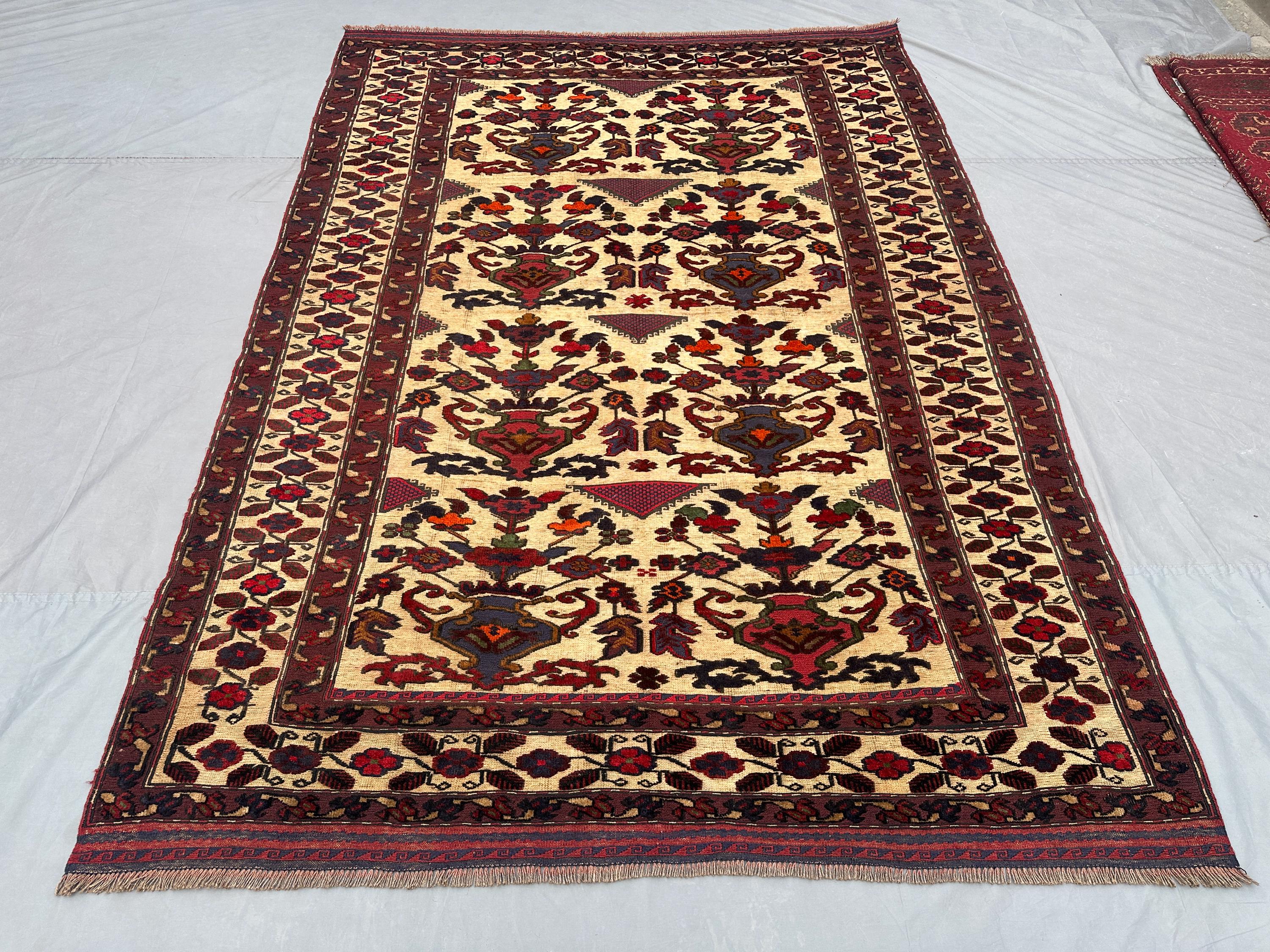 7x9 Vintage Afghan Sumak Rug | Tribal Turkmen Faded Kilim | Geometric Wool Rug | Baluchi Area Rug | Bedroom Ru
