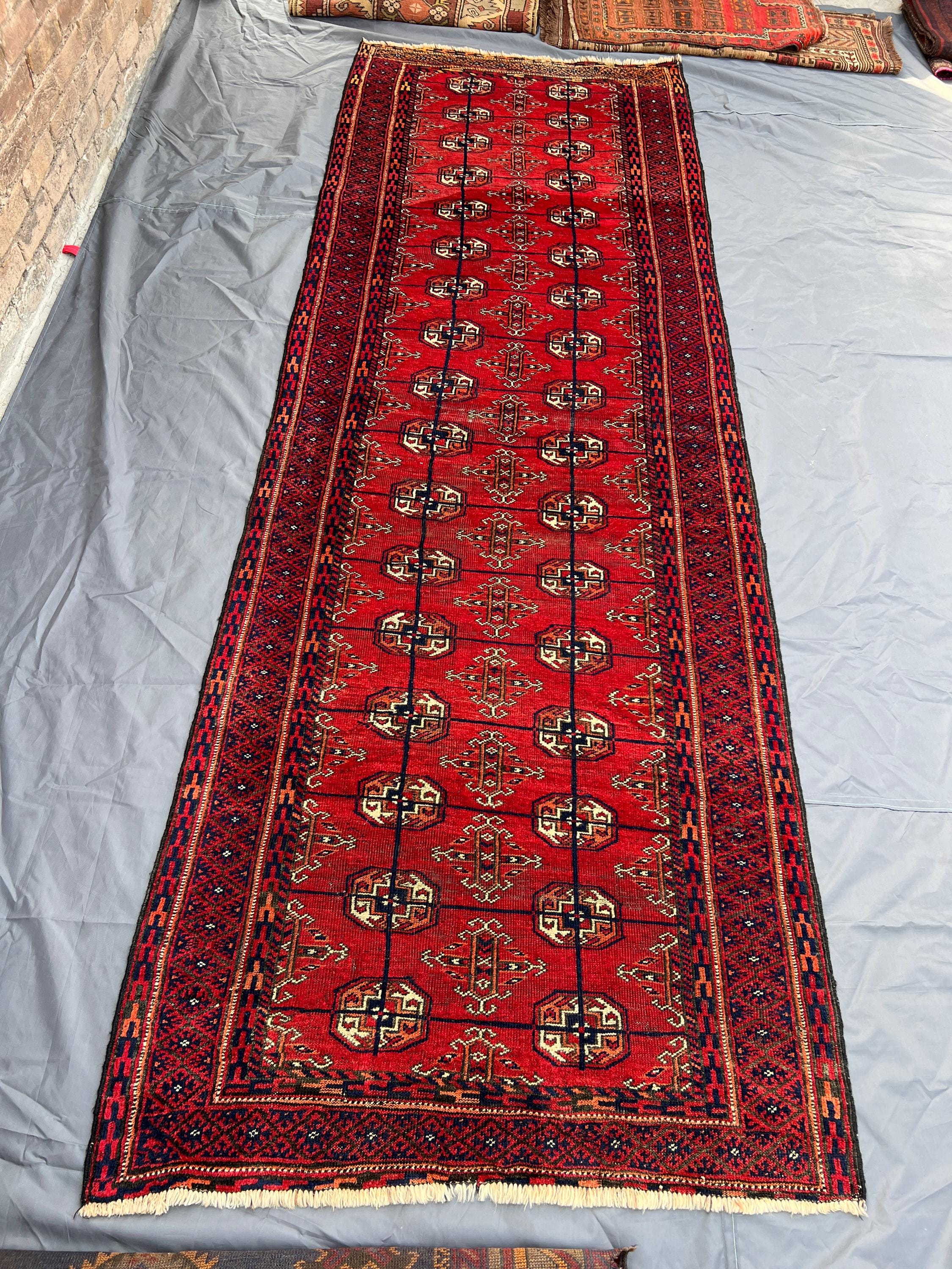 Antique Bukhara Runner 4x11 | Wide Red Hand Knotted Rug | Distressed Turkmen Wool Carpet | Vintage Tribal Hall