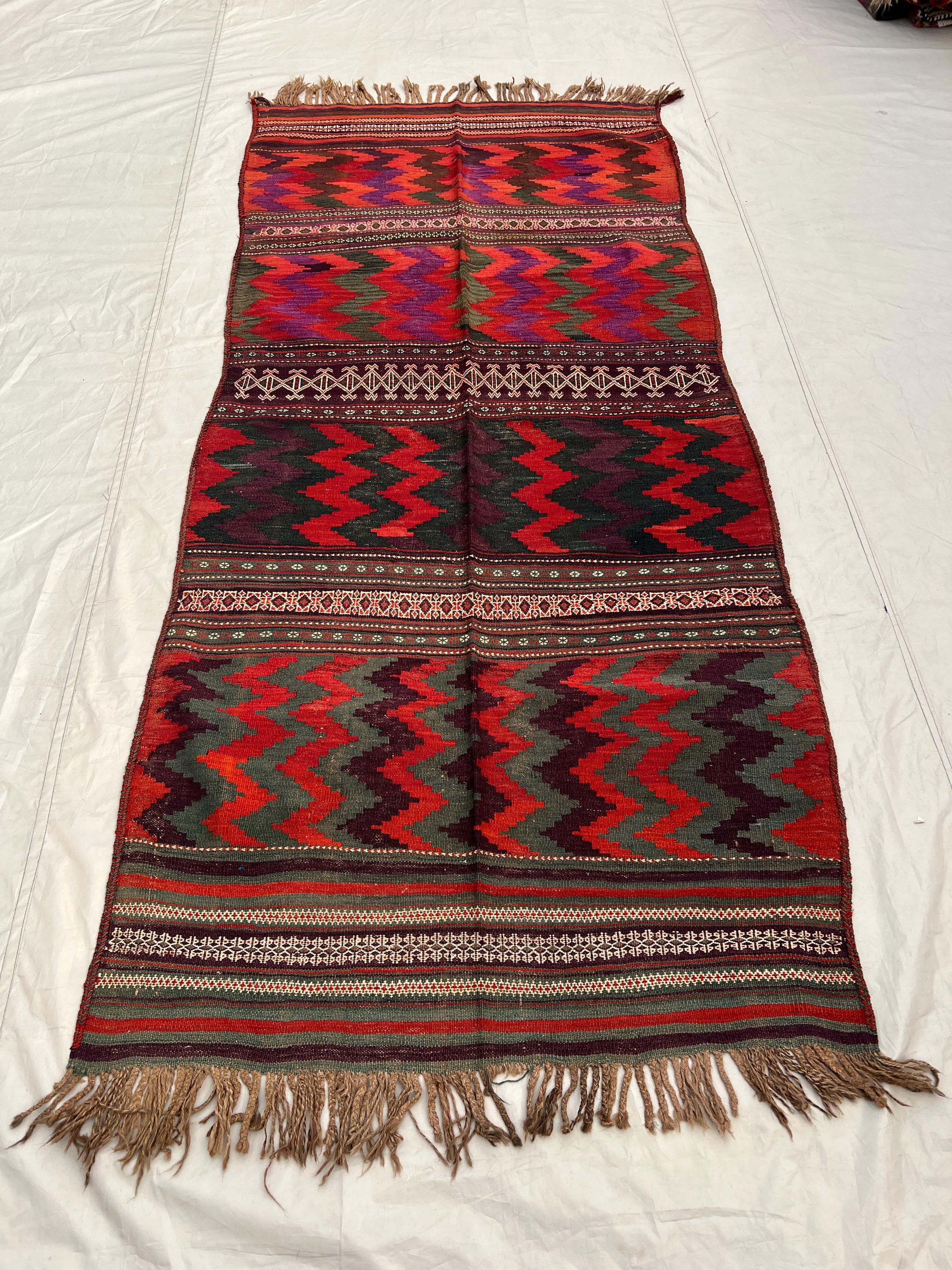 3'10x8'10 Antique Afghan Kilim Handwoven Wool Flatweave Bold Chevron Zigzag Deep Red Olive Purple Multicolor Area Rug | Living Room Bedroom